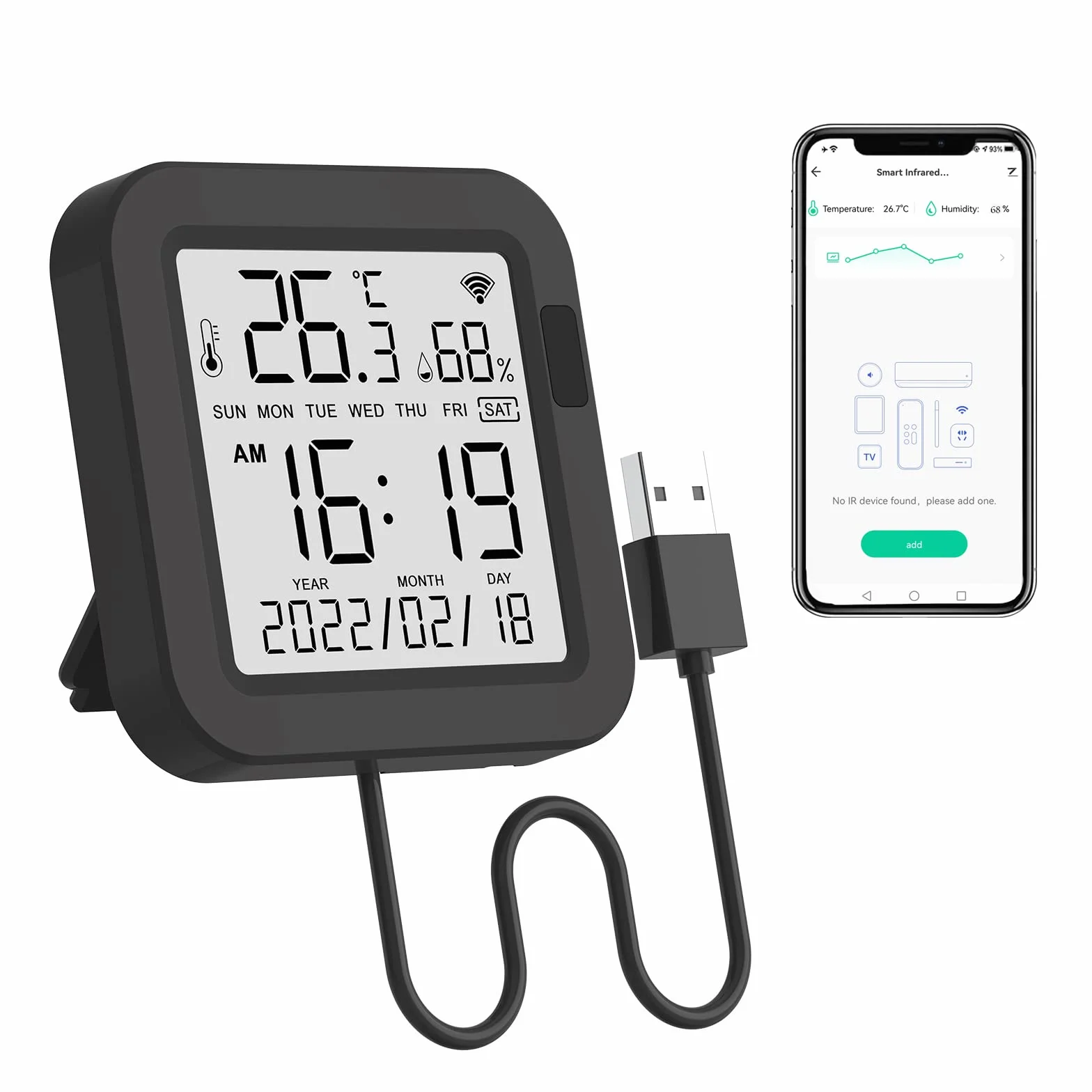 eMylo Termómetro Higrómetro WiFi Interior Exterior, Sensor Temperatura Digital con Control IR Universal, Medidor Temp/Humedad Retroiluminado, Compatible con Alexa Google Home