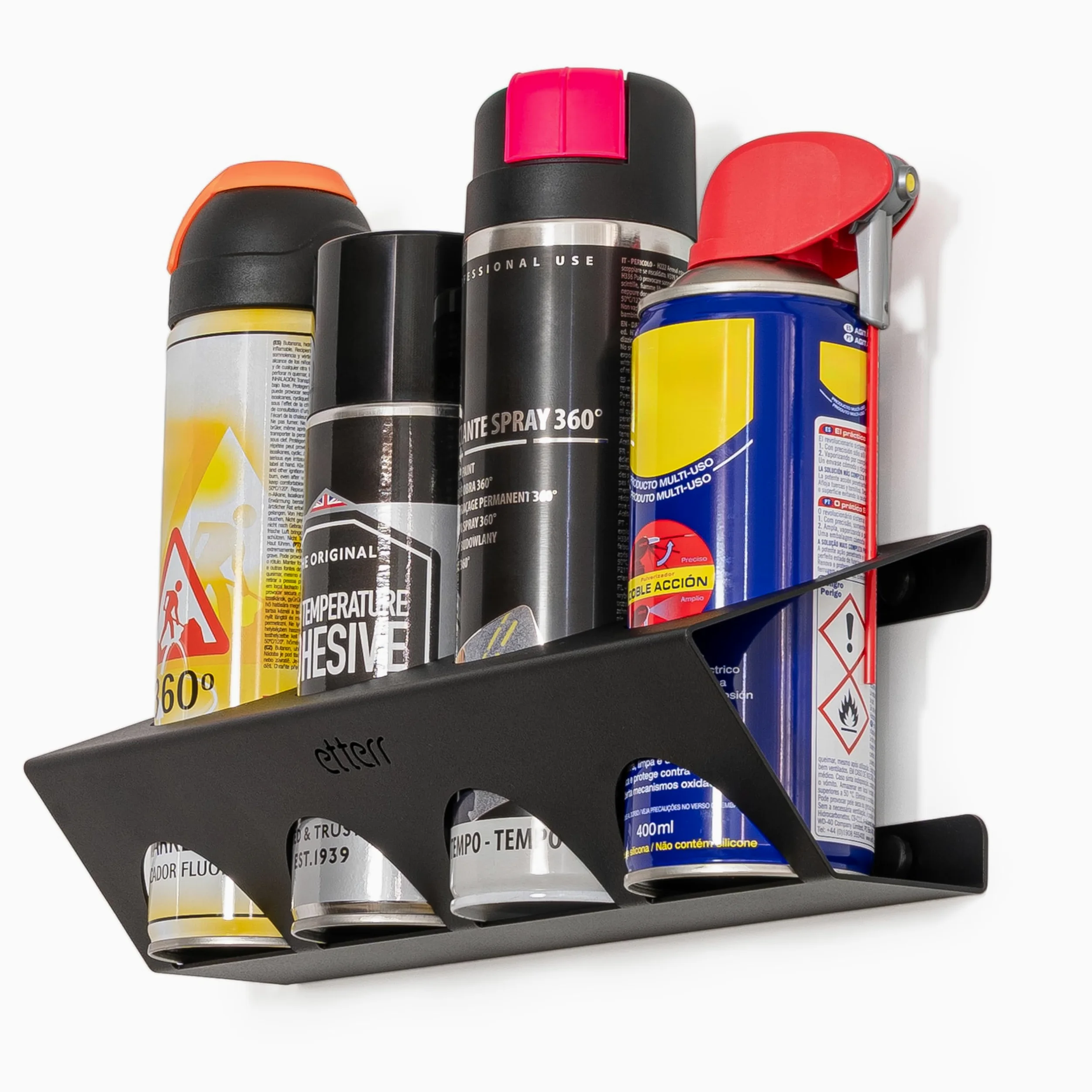 Soporte de Pared para Sprays y Aerosoles Ø65 mm | 100 % Acero Reforzado | Organizador Estantería Balda Taller, Garaje, Furgoneta | Fabricado en Europa | 400 ml | 500 ml | 366 g | 4 Botes