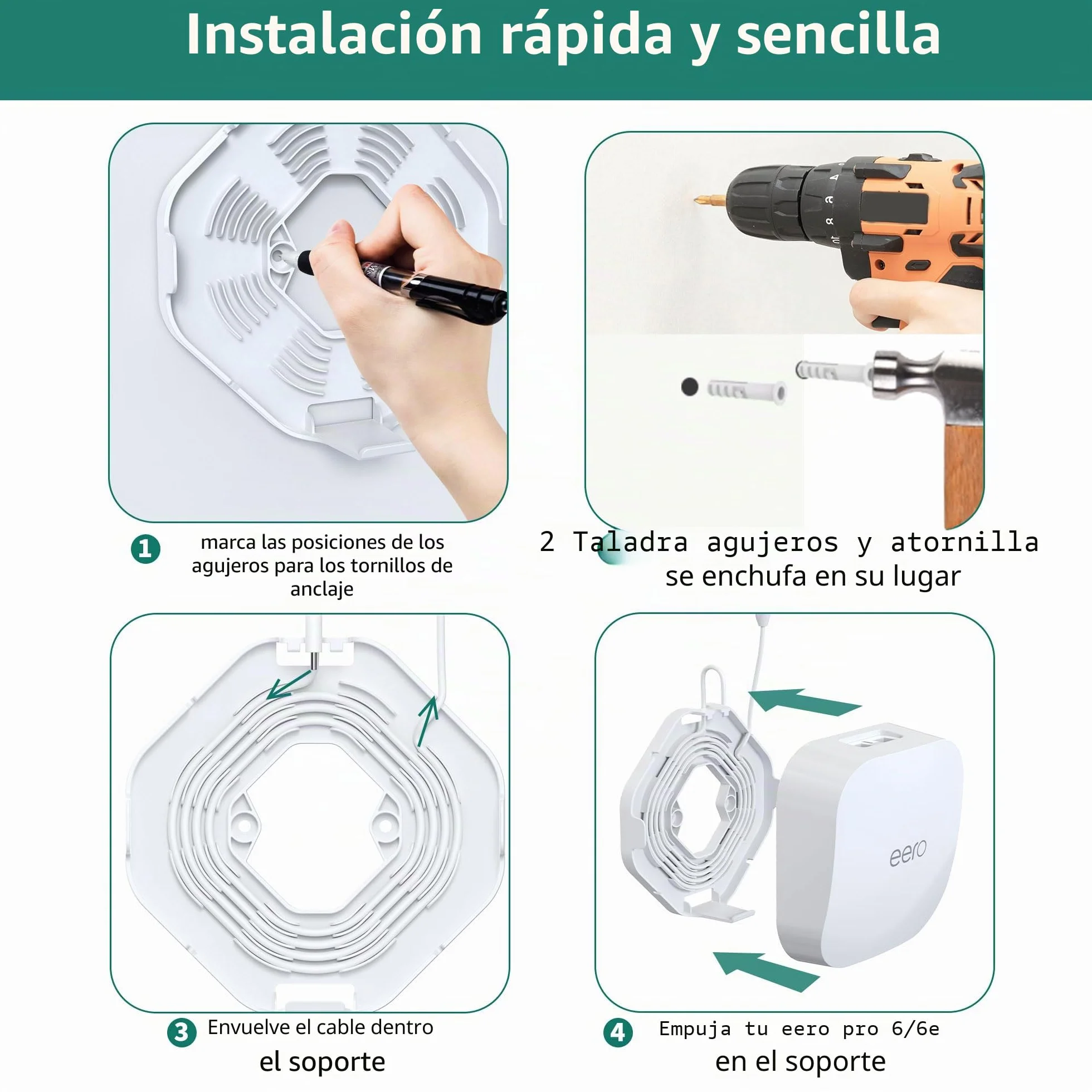HomeMount Soporte de Pared Profesional para eero Pro 6/Pro 6e, Soporte de Pared eero atornillado Seguro con Aumento de señal de 360°, gestión de Cables Ocultos