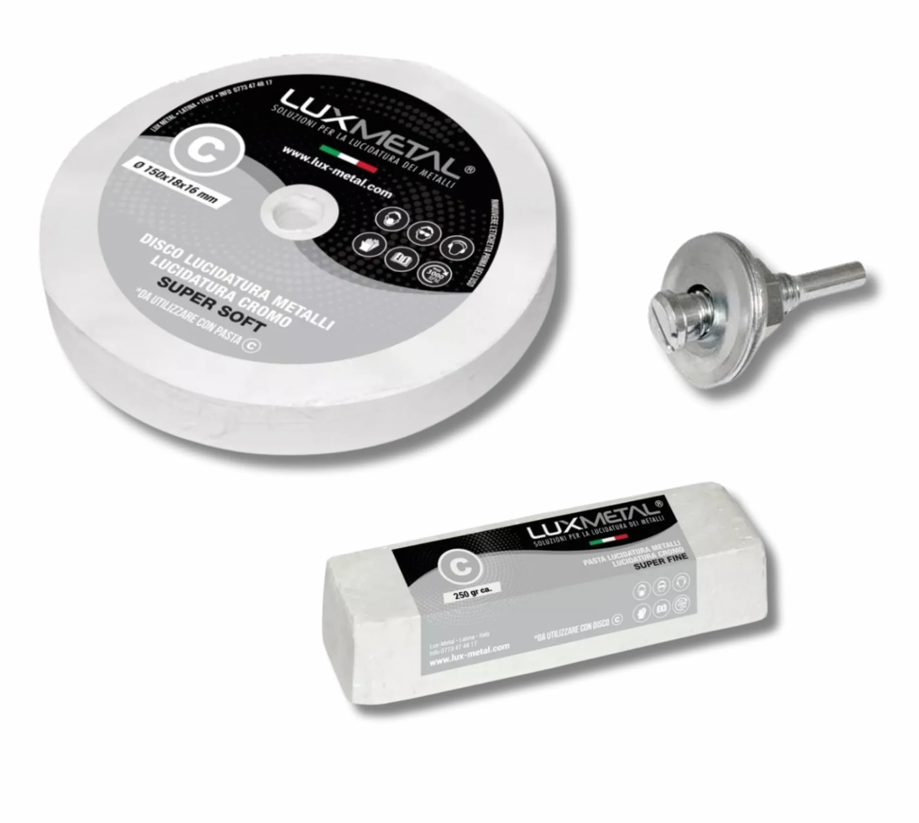 Lux Metal Kit 1 pasta abrasiva pulidora 250 gr y 1 disco pulido de algodón 150 mm (S-Fine) para pulir metales acero inoxidable aluminio hierro pulido cromo plexiglás mármol latón cobre plástico