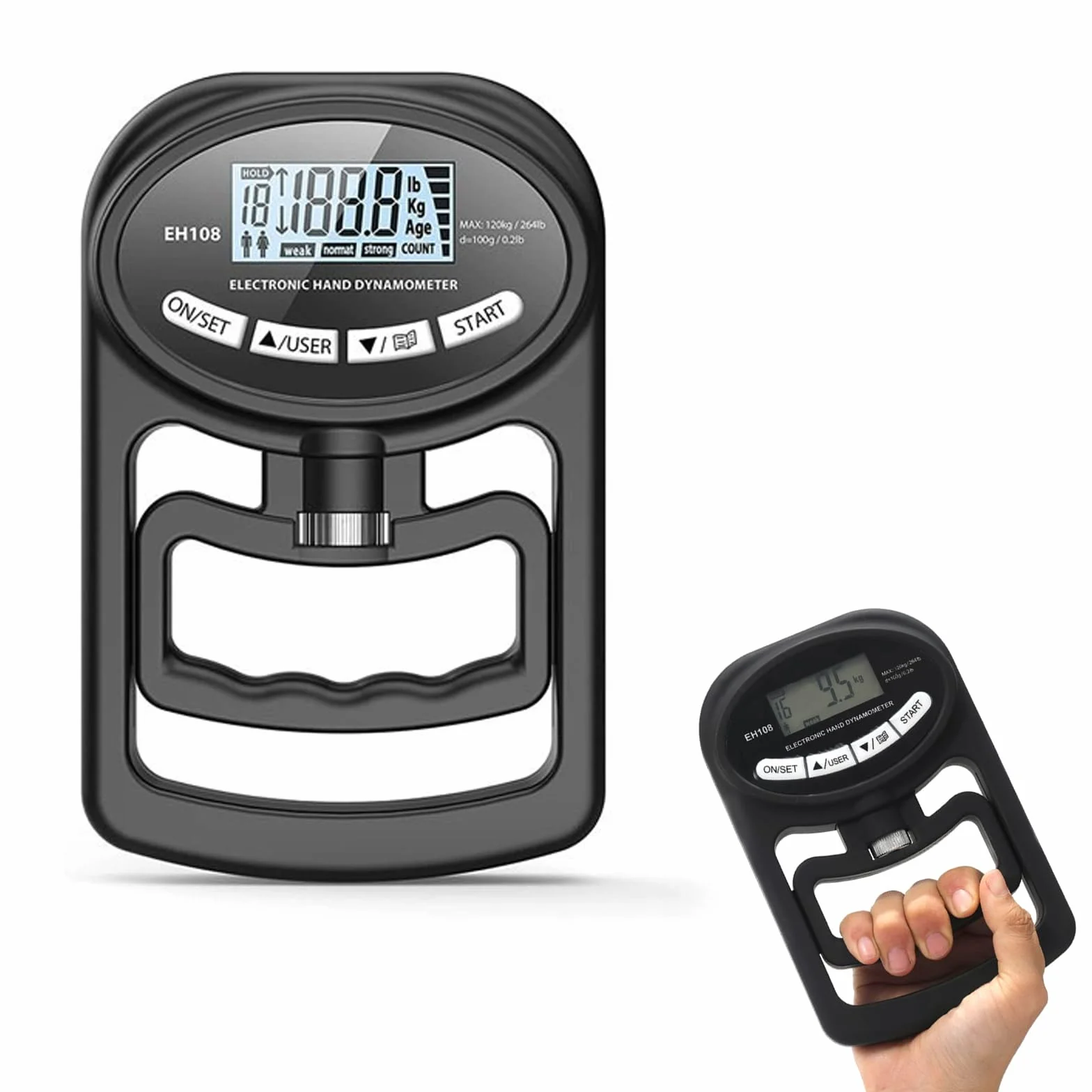 Medidor digital de mano de 264 lb/120 kg, dinamómetro digital de mano, medidor de fuerza de agarre electrónico, medición de fuerza de agarre con pantalla LED (negro)