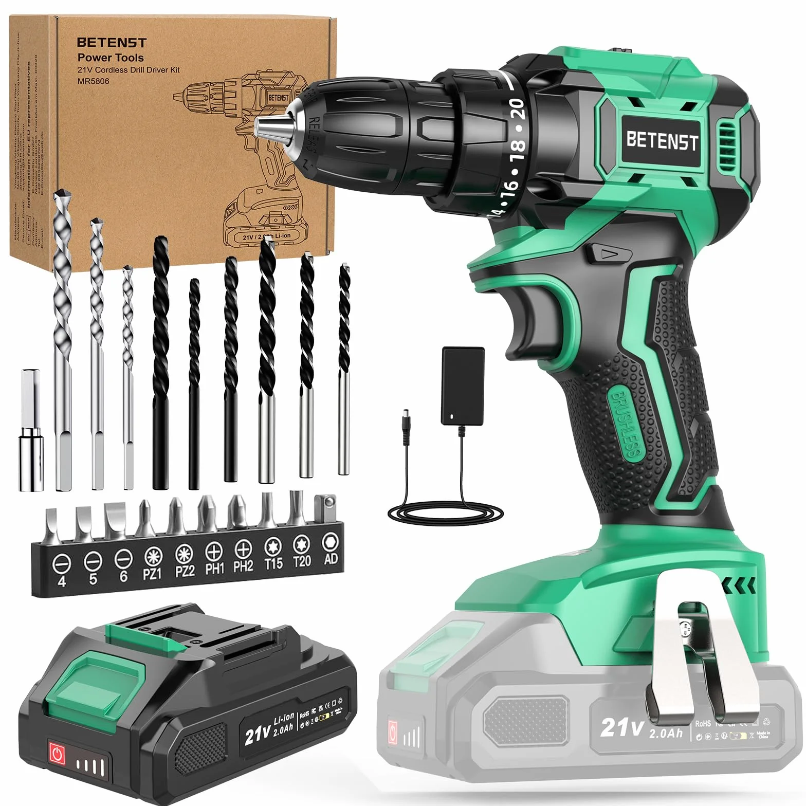 Taladro Atornillador Batería Sin Escobillas, BETENST Atornillador Electrico 21V con 2.0Ah Baterías, 45N.m Taladro Inalámbrico, 20 Ajuste de Par, 20 Accesorios, 2 Velocidad, Luz LED Para Bricolaje
