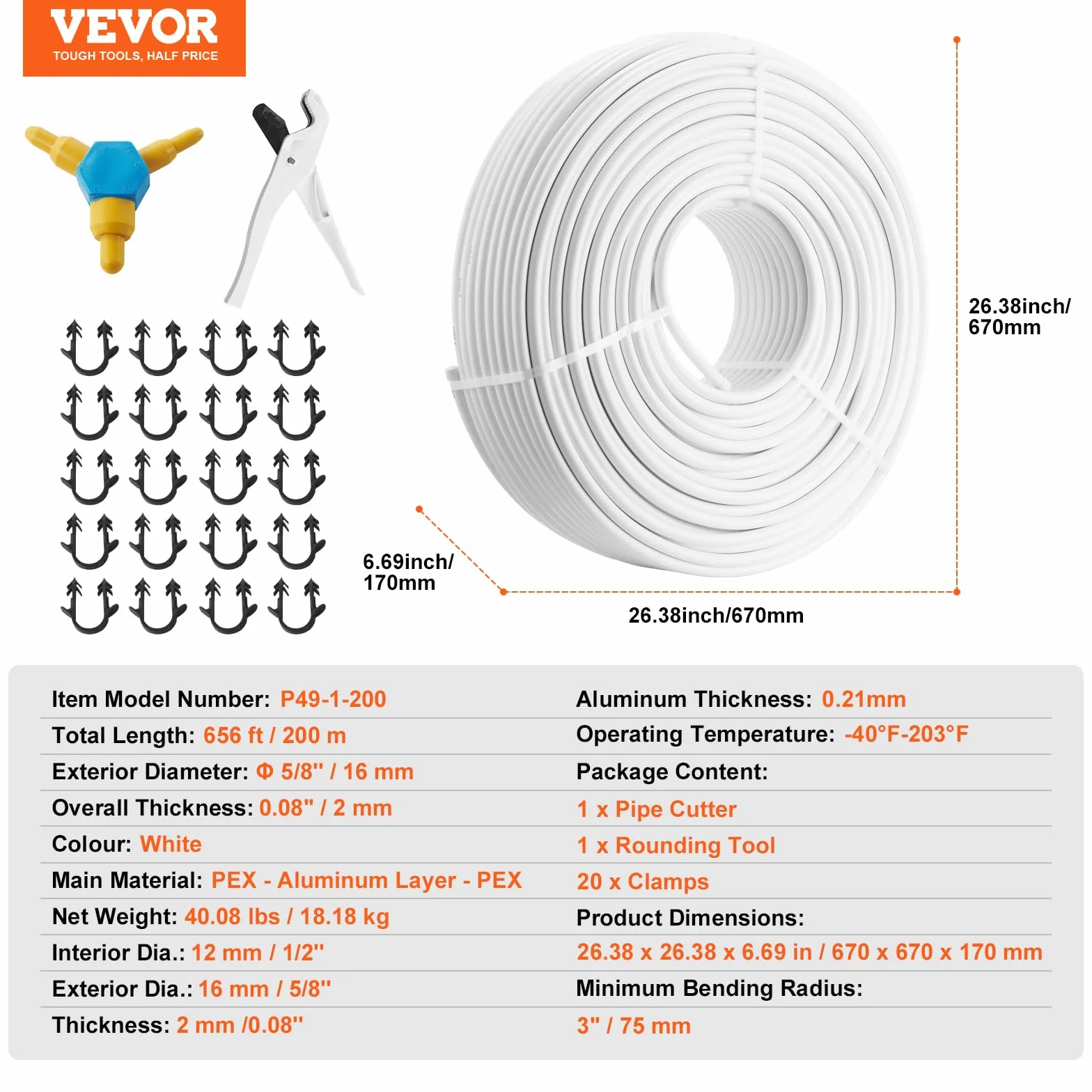 VEVOR Tubo PEX AL PEX 200m Calefacción por Suelo Radiante Φ 16mm Espesor 2mm Barrera de Oxígeno