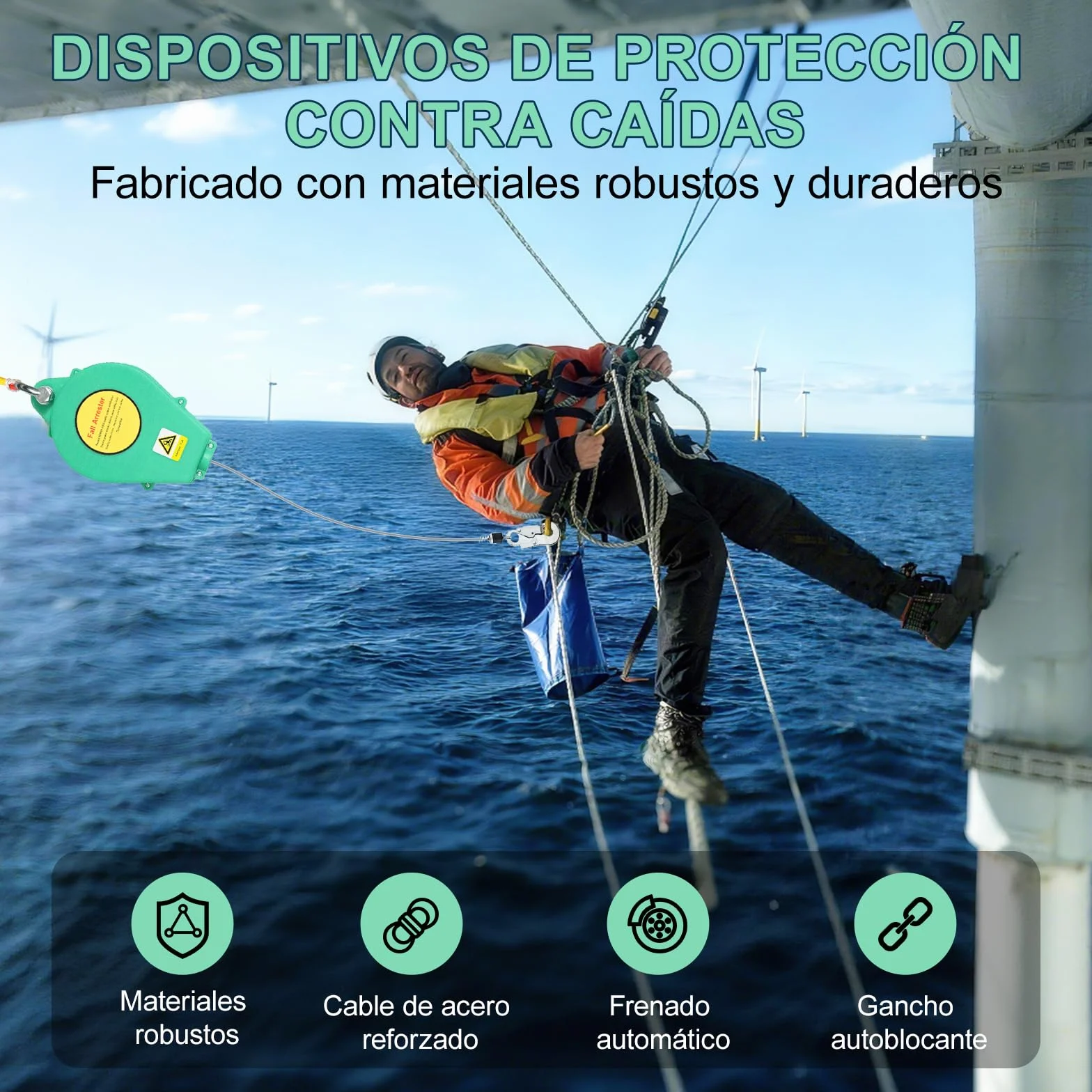 Dispositivo Anticaídas Retráctil 20m con Frenado Instantáneo Cable Antitorsión Gancho Autoblocante