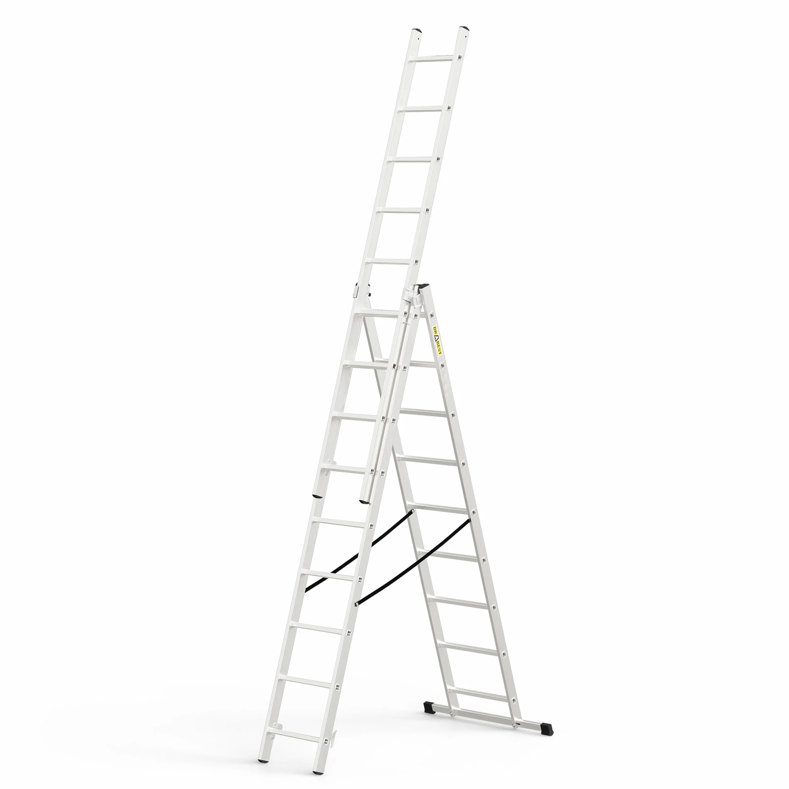 DRABEST - Hogar - Escalera de Aluminio - 3x9 peldaños - Longitud máx. 4,54 m - Altura de Trabajo máx. 5,47 m - hasta 4,97 m - Dimensiones: 45x220x16 cm. Altura de Trabajo 5,47 m - 150 kg - 3 tramos