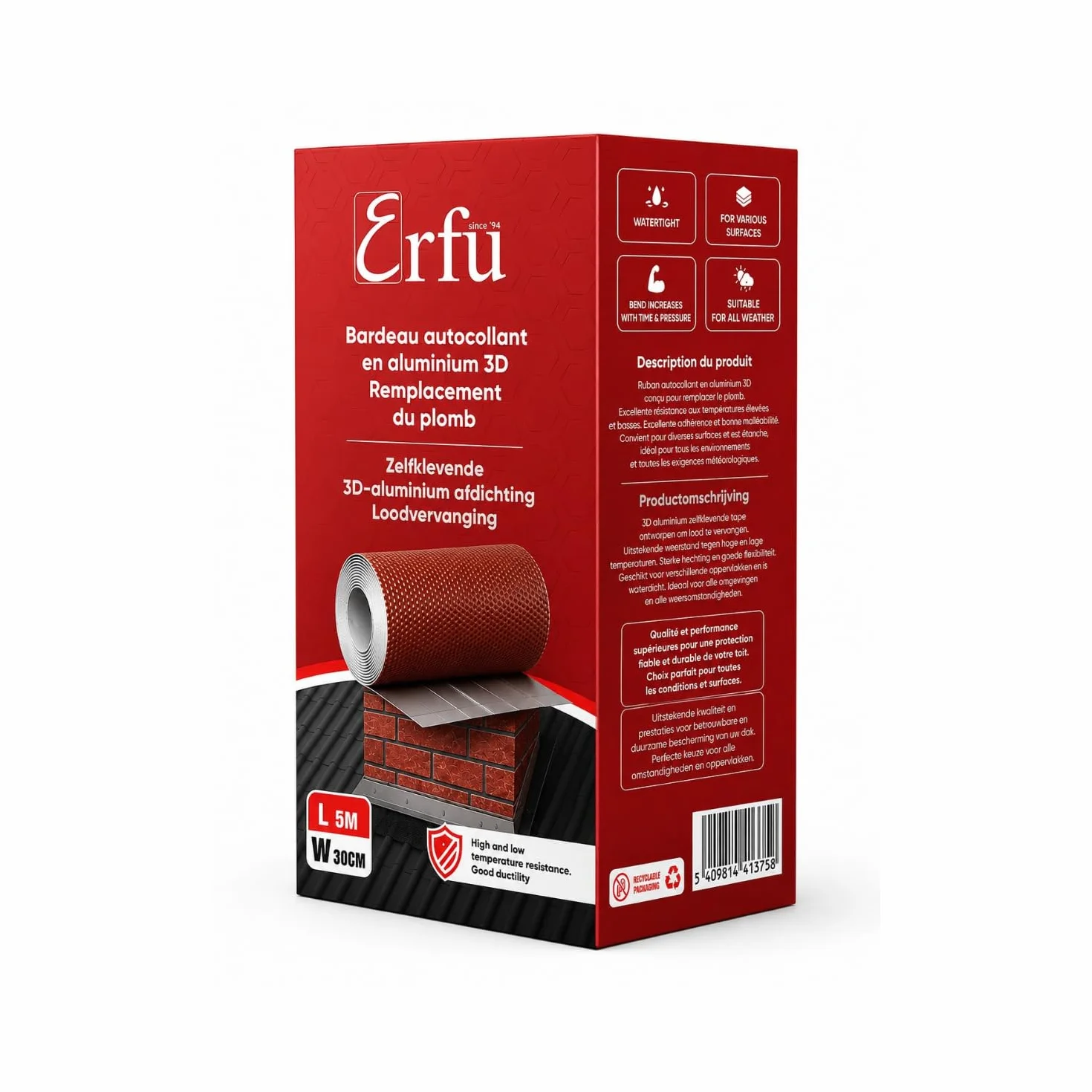 Banda de Sellado de Tejado Butilo Aluminio 3D Naranja – Autoadhesiva, Resistente UV, Chimeneas Rojo