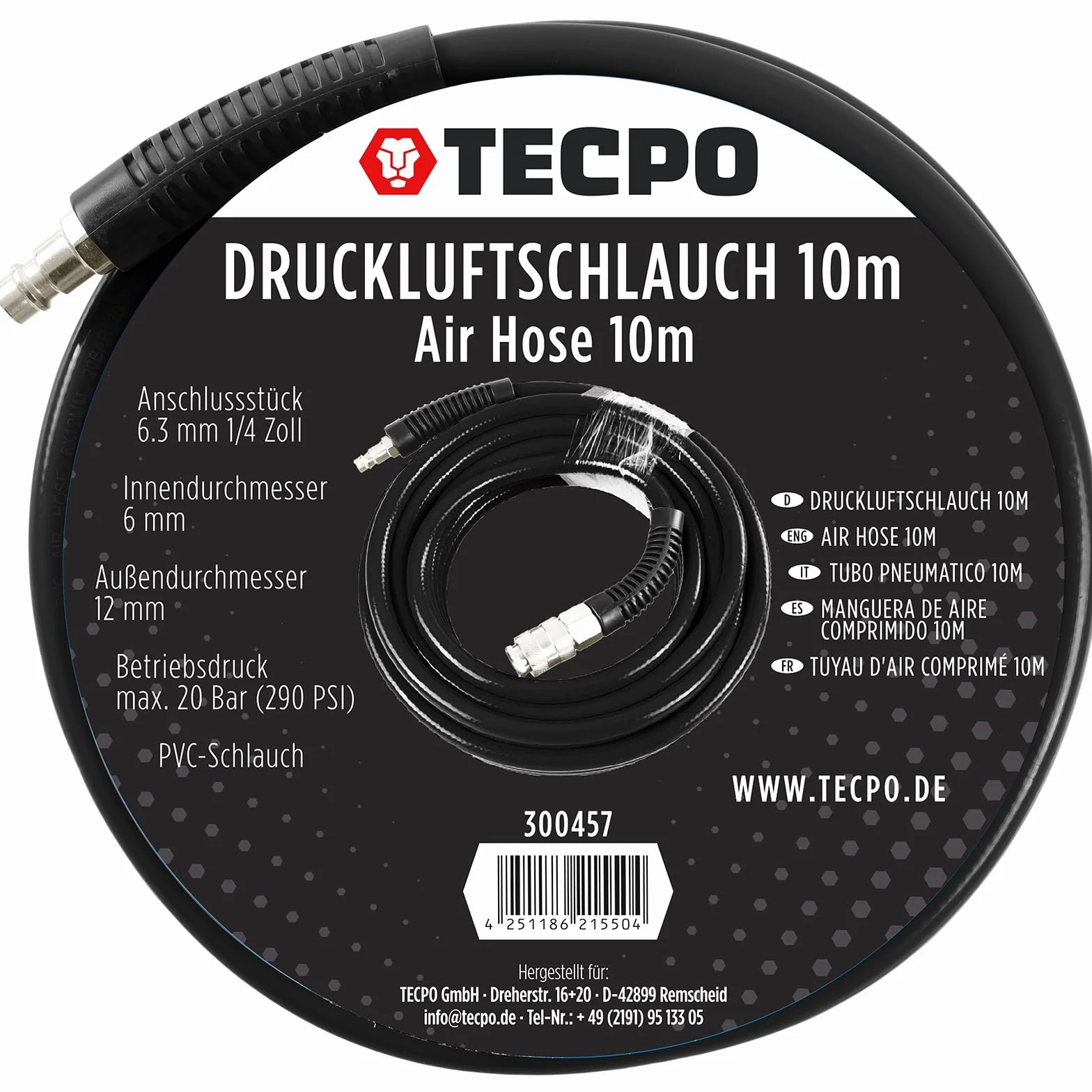 TECPO 300457 Manguera de aire comprimido 6/12 mm, 10 m de largo, manguera de aire de 20 bar presión de trabajo, 1/4 pieza de conexión adecuada para todos los compresores habituales