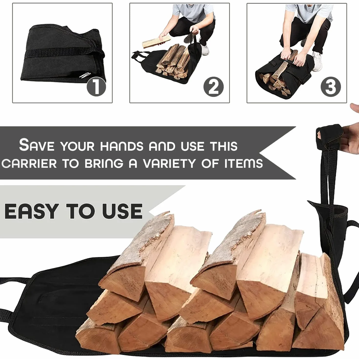 ZONSUSE Bolsa de Transporte para Leña de Lona, Bolsas de leña para Chimenea, Bolsa de Leña Almacenamiento Plegable, Accesorios para Estufa, para Interior y Exterior, Camping, Playa, Hoguera (Negro)