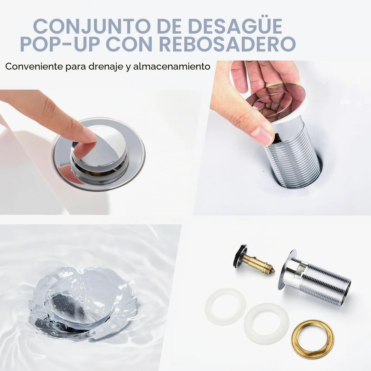 Grifo de Lavabo para Cuarto de Baño W.C. Rectangular Monomando con Desagüe Desplegable de Acero Inoxidable en Cromado Pulido