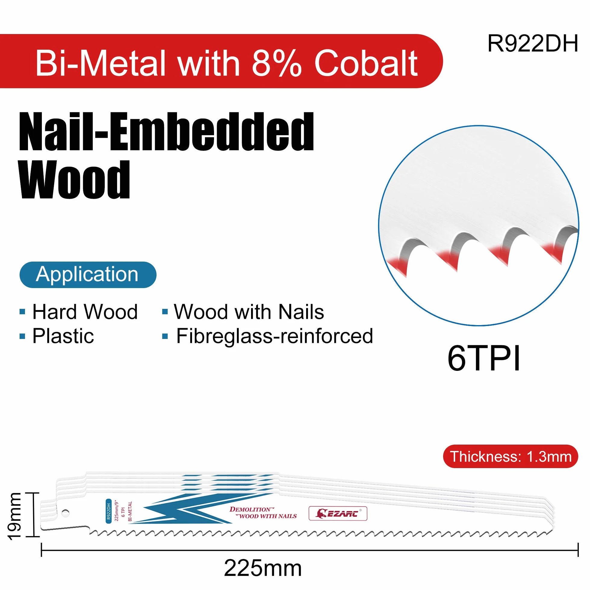 EZARC Hojas de sierra sable Bimetálica Cobalt R922DH 225mm 6TPI - 5 piezas