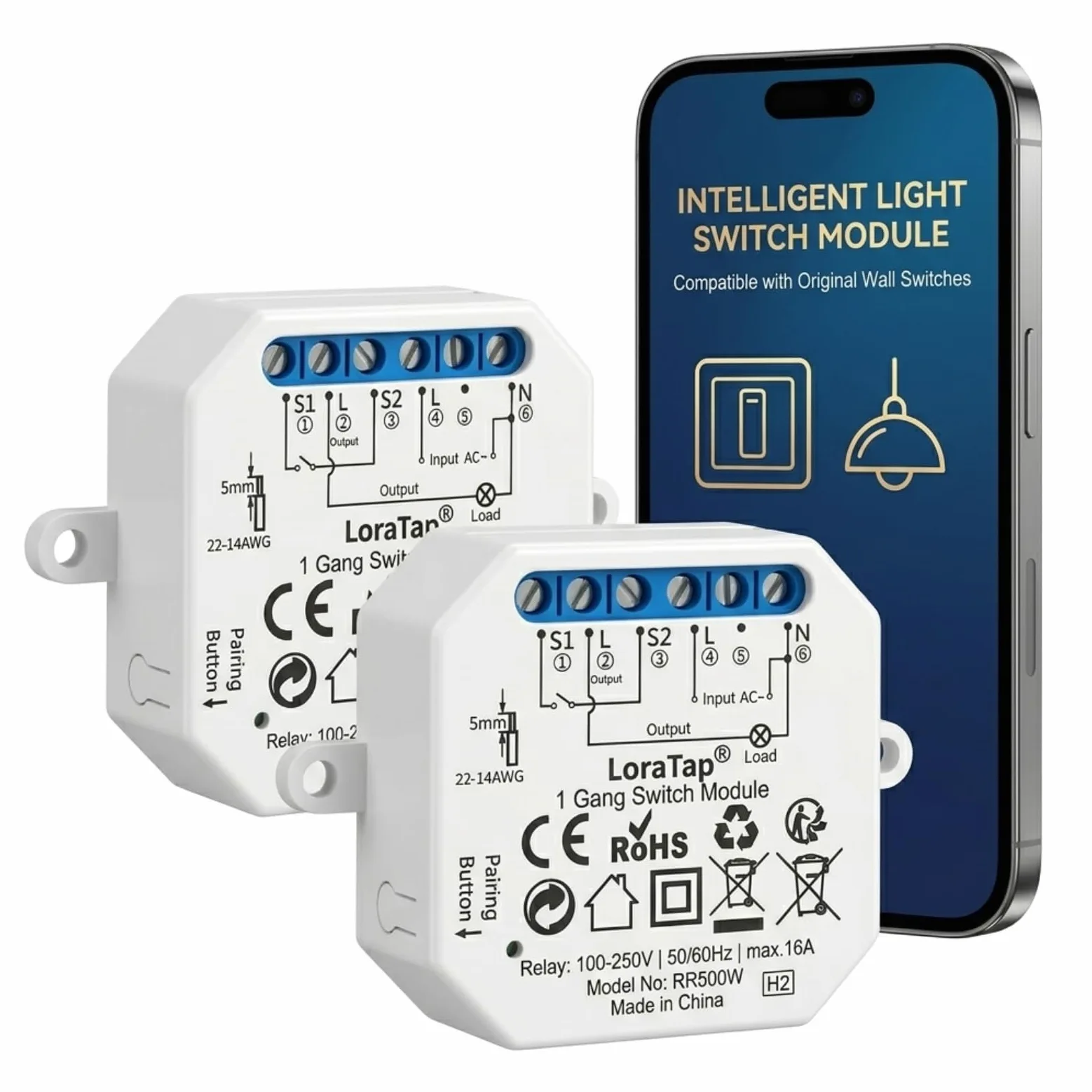 LoraTap Kit de 2 Interruptores Relé WiFi Inalámbricos, Conmutador Paralelo, Receptor de 2300W 10A, Interruptor Inteligente, Control a Distancia por Móvil, Compatible con Alexa y Google Assistant