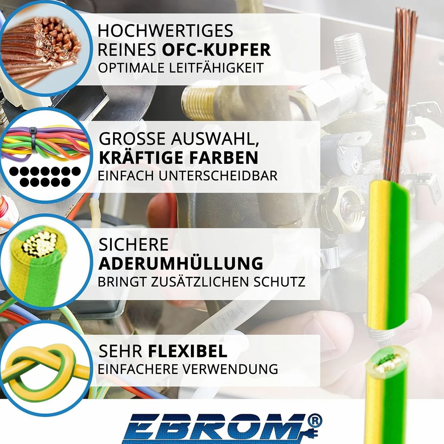 EBROM Cable de conexión a tierra H07V-K (K = cable fino flexible), 1 x 16 mm², 10 m, color verde/amarillo (1 pieza con 16 mm² en 10 metros de longitud)