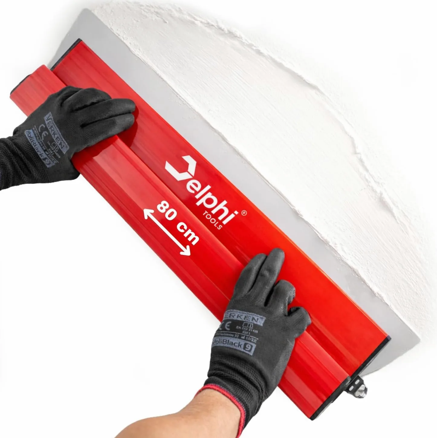 Delphi Espátula para Pladur (40/60/80/100 cm) - 80 cm con Hoja de Acero Inoxidable 0,3 mm | para Alisar Paredes y Techos | Para Yeso, Masilla, Pintura y Cola + 2 Esponjas GRATIS