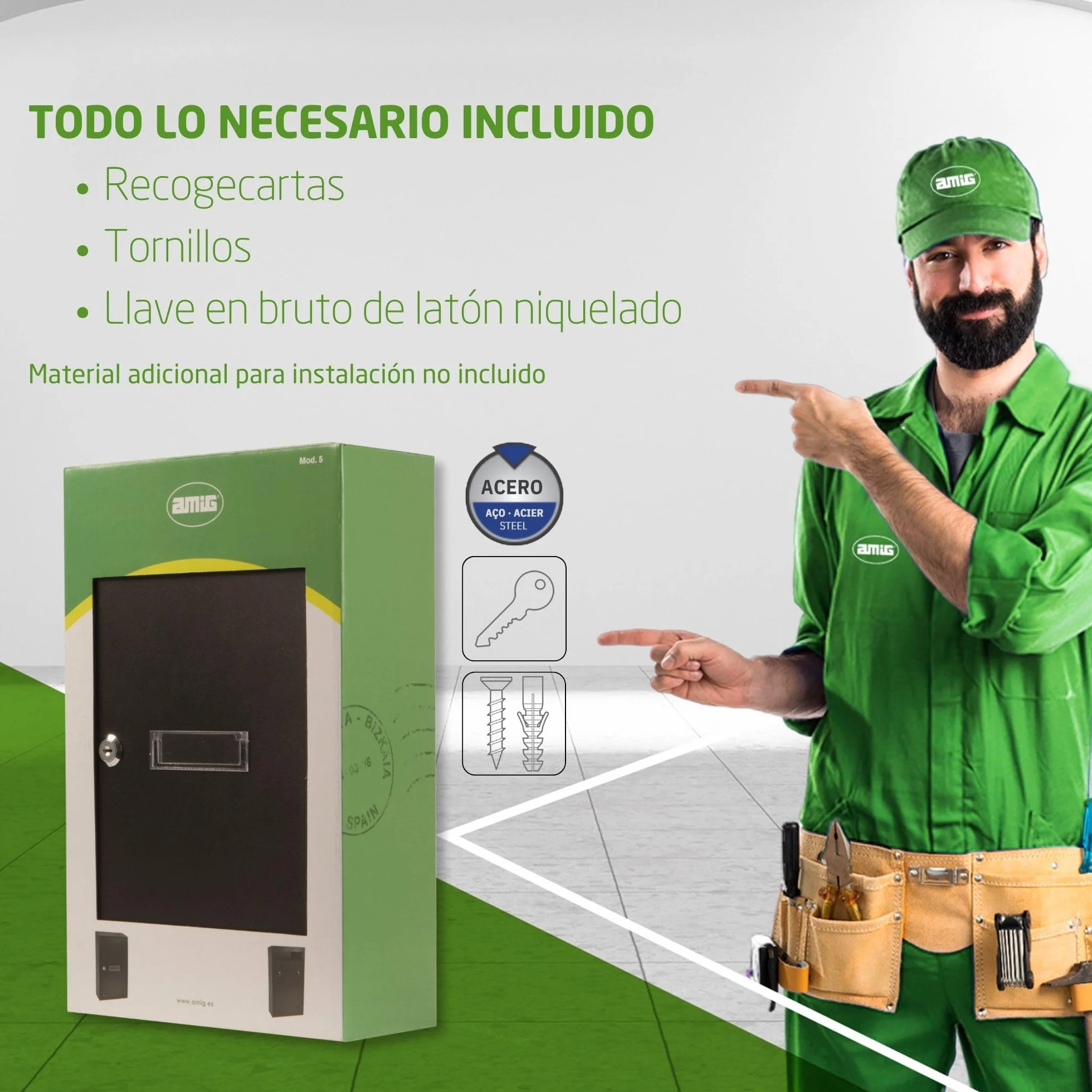 Amig - Buzón Recogecartas para Interior - Tamaño Compacto para DIN A4 - Apertura con Cerradura - Acero Negro- Fácil de Instalar en Puertas o Verjas - 40 x 25 x 10 cm
