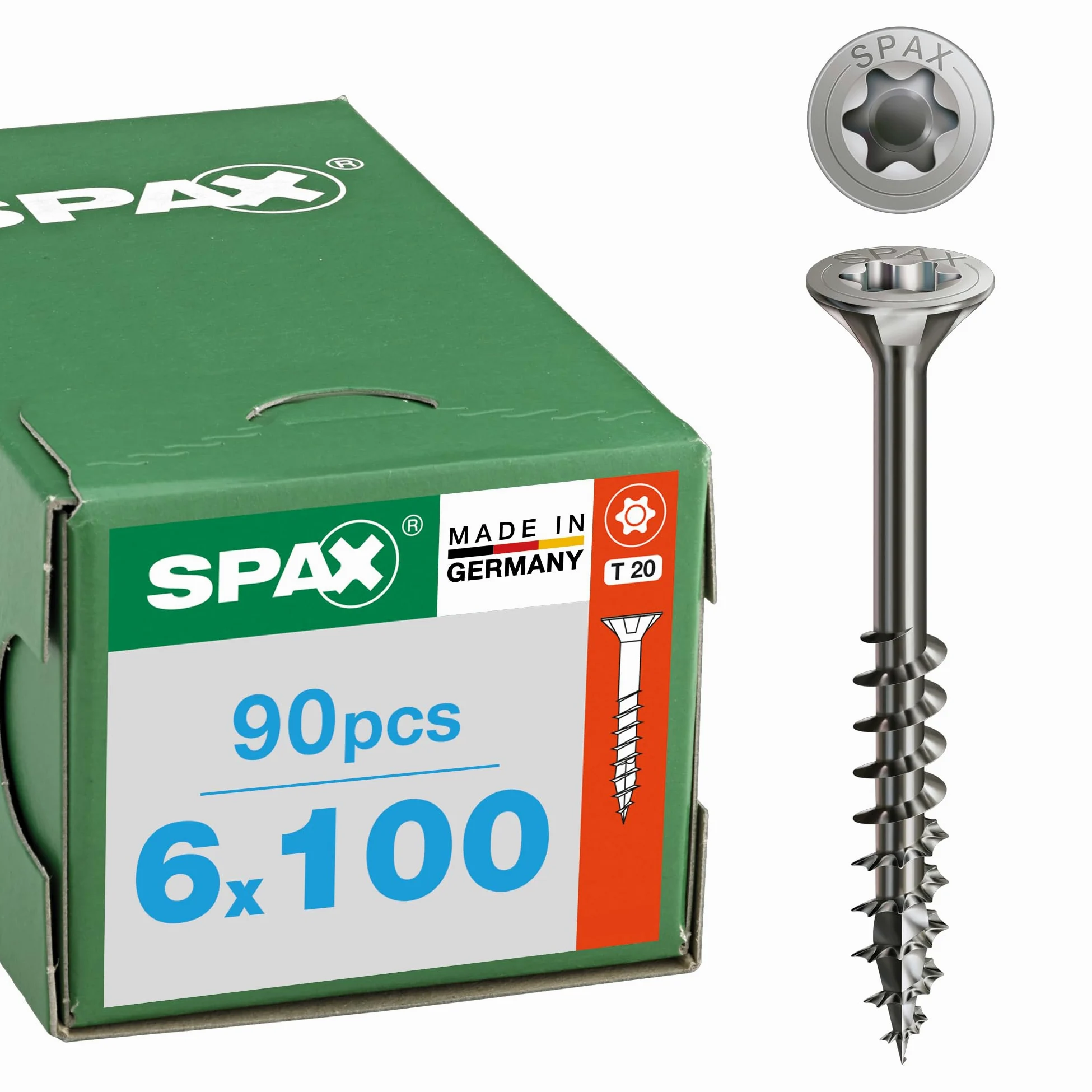 SPAX Tornillo de Acero Inoxidable A2 6 x 100 mm T30, 90 pzas. | Cabeza avellanada MULTI con rosca parcial, punta 4CUT y perfil ondulado para madera en exterior y jardín.