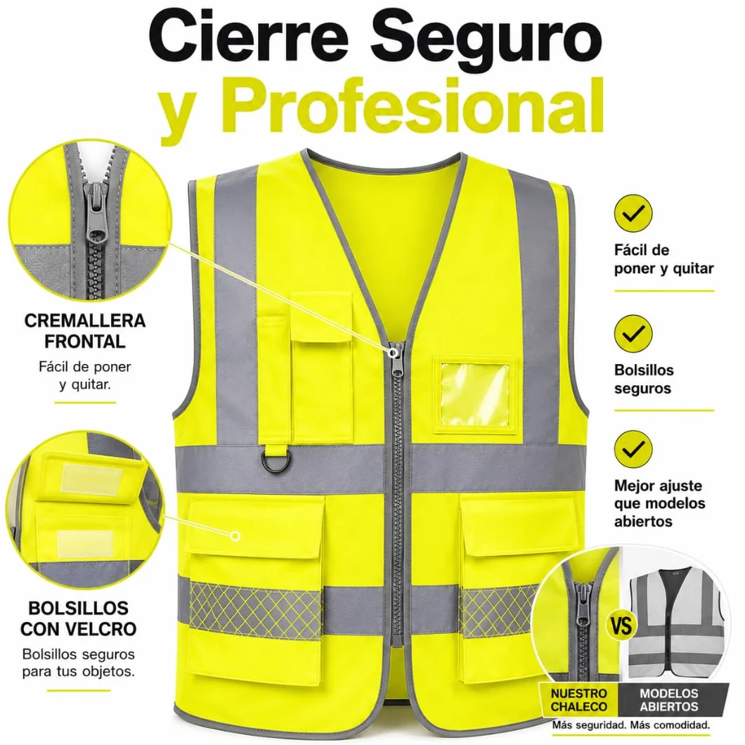 Chaleco Reflectante con Bolsillos y Cremallera Pack 2 Unidades | Chaleco Reflectante Homologado DGT Alta Visibilidad ISO 20471 | Chaleco Seguridad Trabajo Coche Moto Bicicleta Talla L Universal