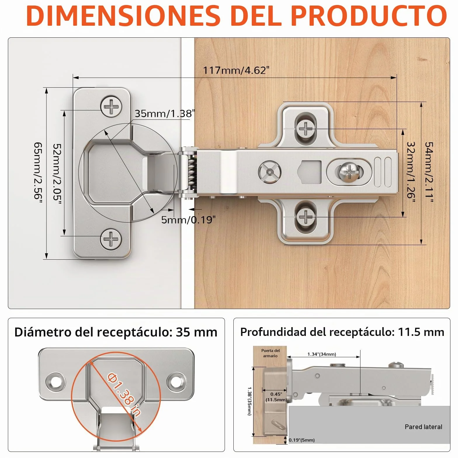 Furniware 2 bisagras de cierre suave para esquinas, bisagra para armario 52 mm, 105 grados, tope 35 mm
