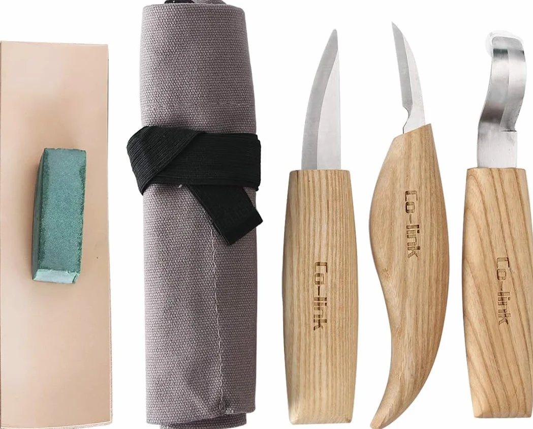 Cuchillo de Gancho de Talla de Madera para Tallar Cucharas, Tazones y Tazas, Herramientas de Tallado con Compuesto de Pulido de Cuero