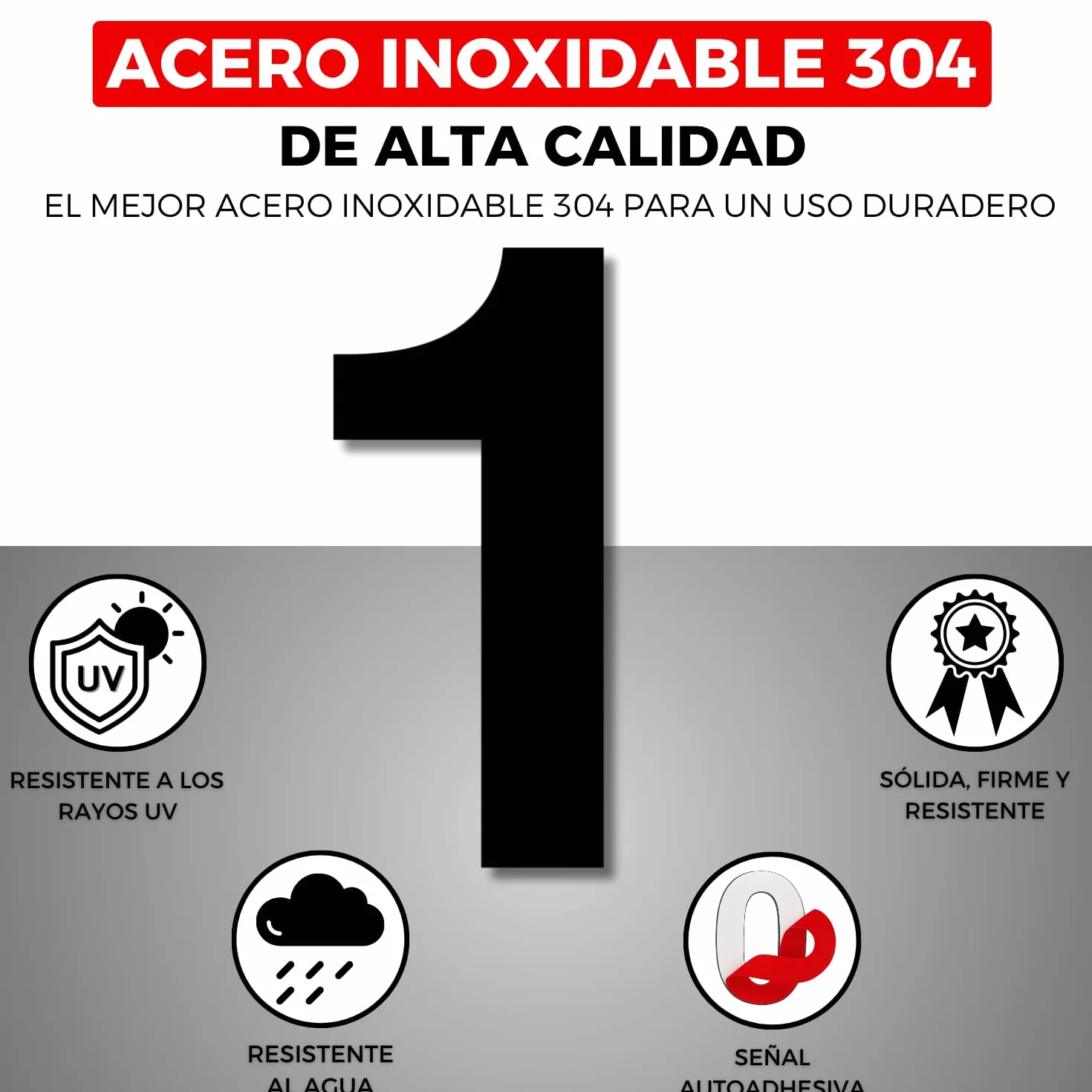 Número Adhesivo Casa 100 mm Acero Inoxidable 304 Nº 1 Exterior Interior Puertas