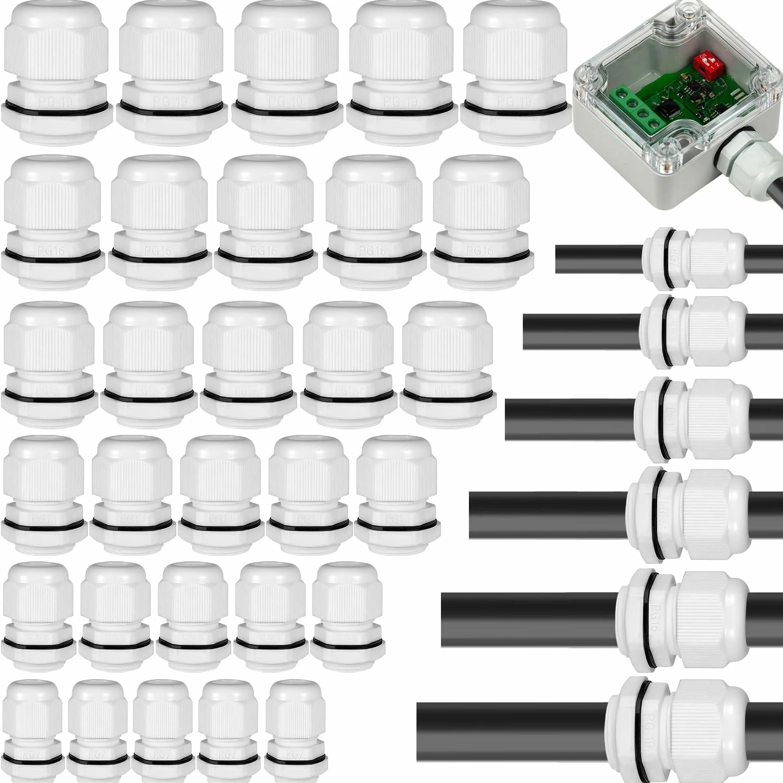 Realure 70 Piezas Prensaestopas, Impermeable IP68 Conectores de Cable PG7 PG9 PG11 PG13.5 PG16 PG19, Blanco Prensaestopas Ajustable, Glándulas de Cable con Ajustables Juntas, Cable Gland Conectores