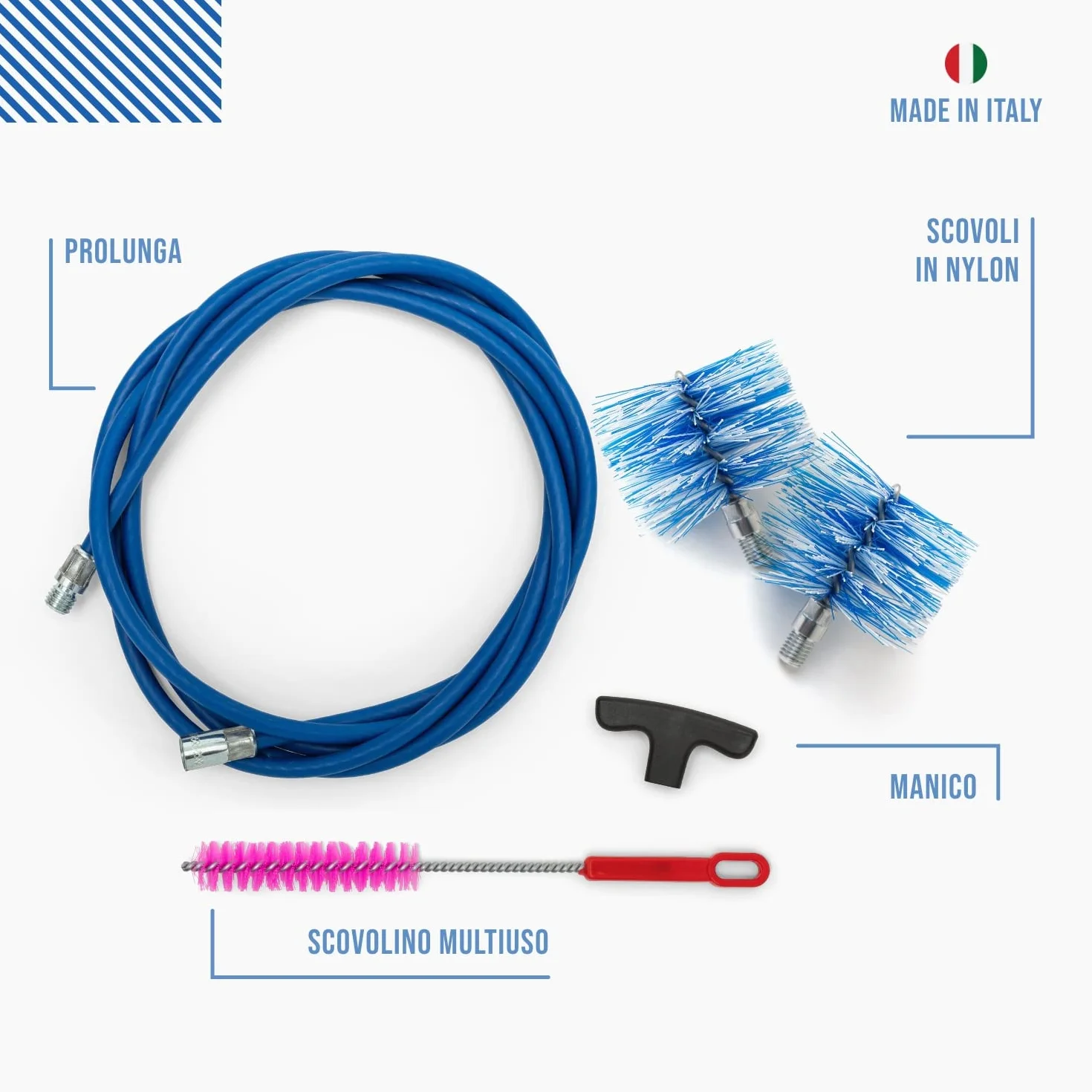 BARETTO | kit limpieza conductos humos chimenea | cepillos nylon Ø 80 y 100 mm, extensión azul 3 m, mango, conector M12 | set mantenimiento doméstico