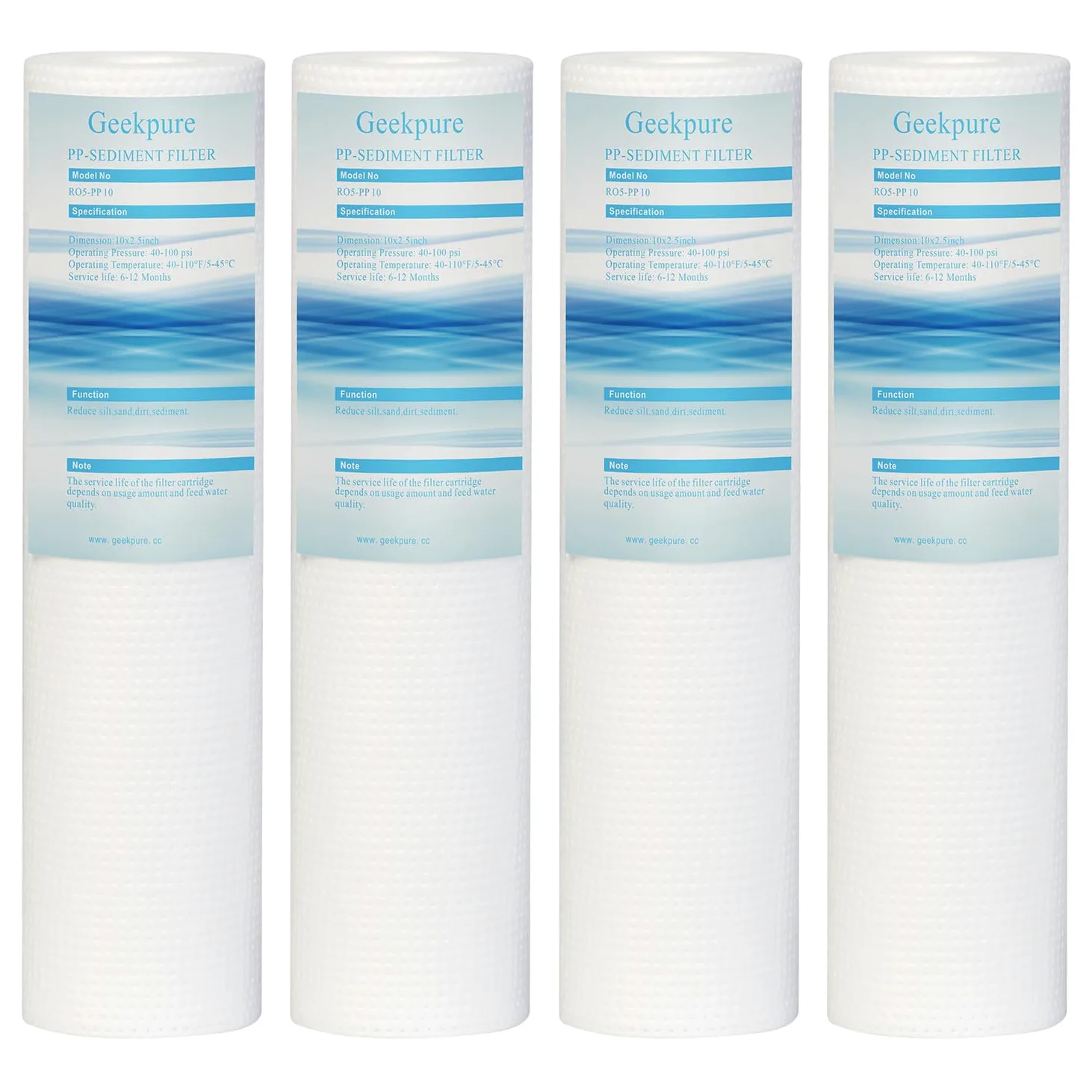 Geekpure Cartucho de filtro de agua para sedimentos (polipropileno, 2,5 x 10 pulgadas, 5 micrón, 4 unidades)