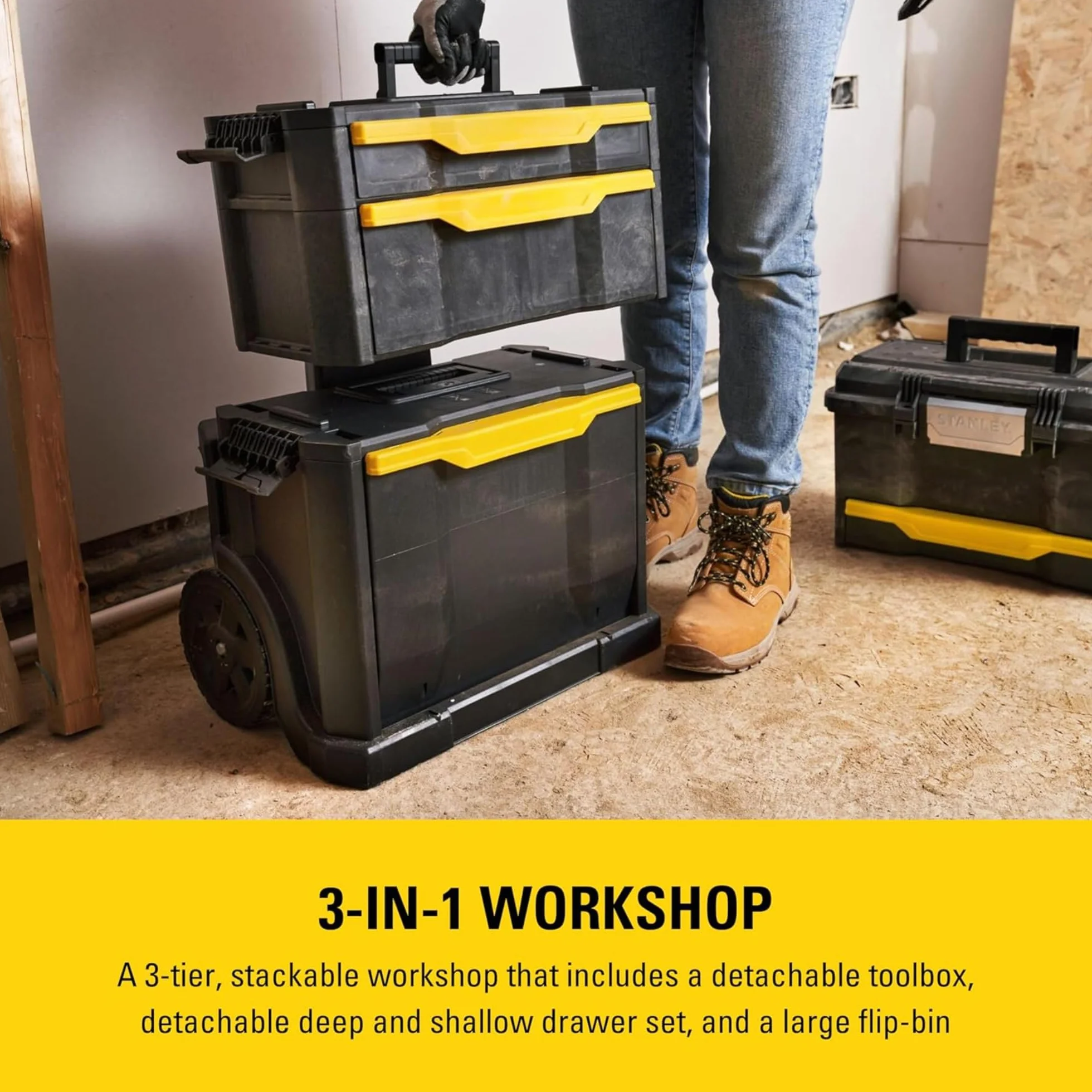 STANLEY Modular Taller Rodante 3 en 1 con Ruedas, Asa Telescópica, 35 kg