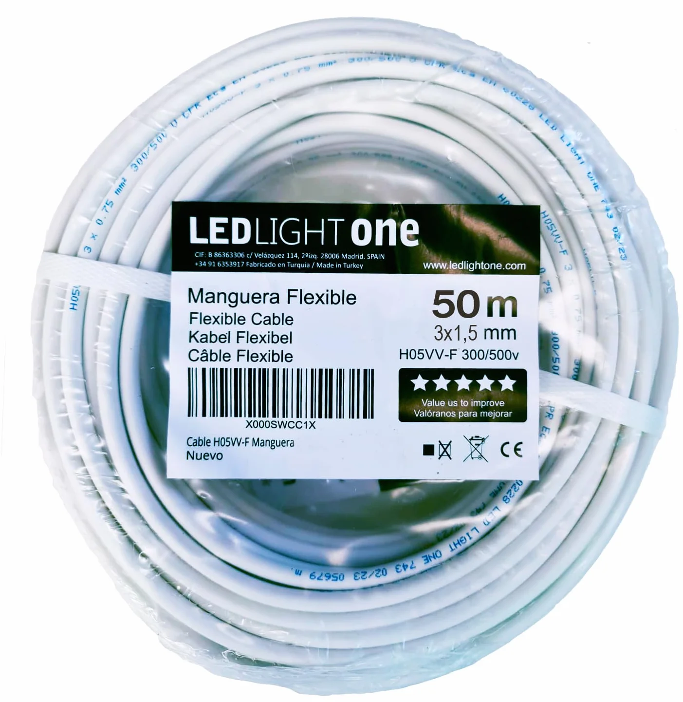 Cable H05VV-F Manguera 3x1,5mm 50m (Blanco) Tensión de servicio: 500v Temperatura máxima de trabajo 70º.Cables para instalaciones fijas y móviles en locales domésticos y oficinas.