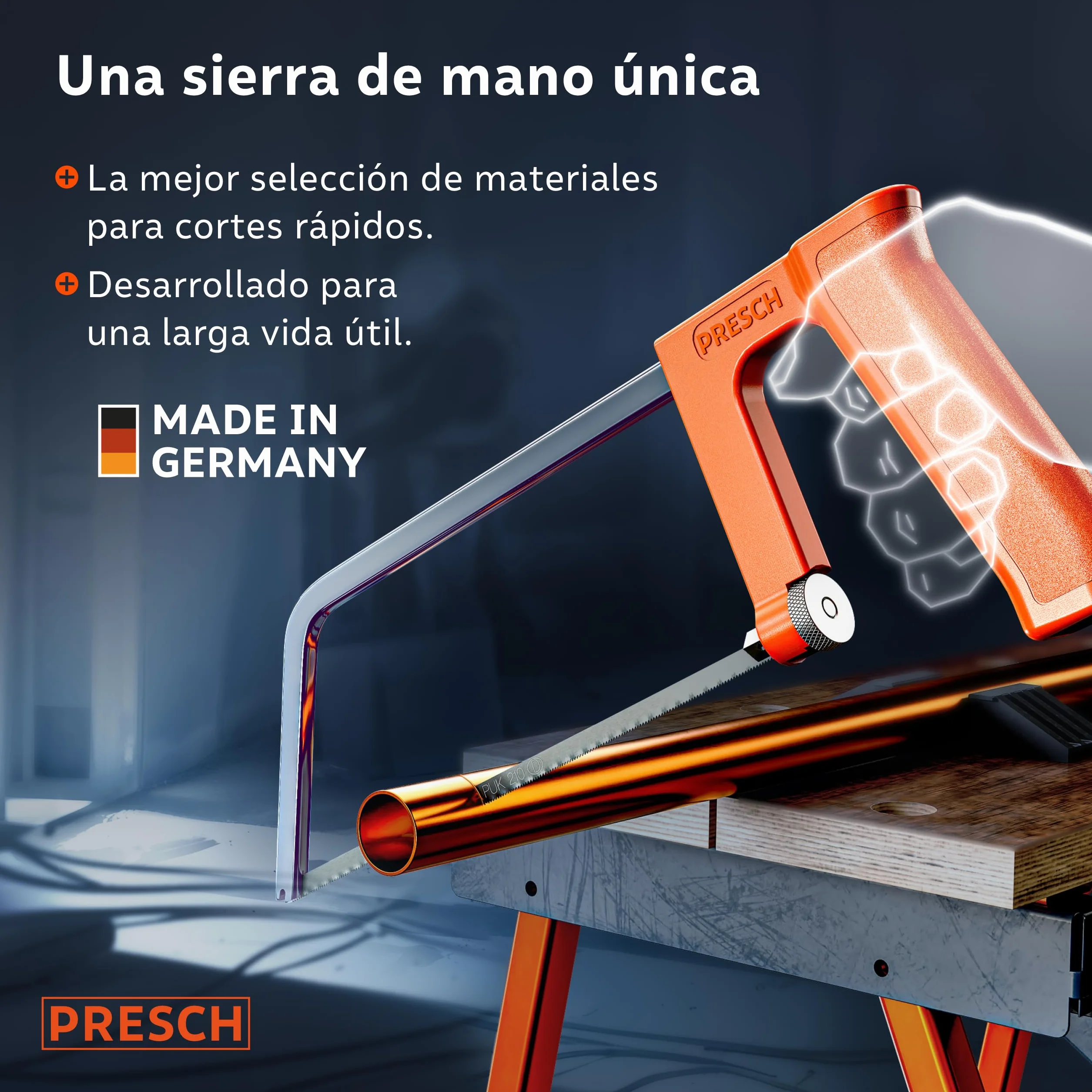 Presch Sierra de metal 200mm - Con hoja de sierra universal para cortes precisos - Cambio rápido de hojas de sierra - Mango ergonómico para serrar mejor - Sierra de arco pequeña, Sierra manual