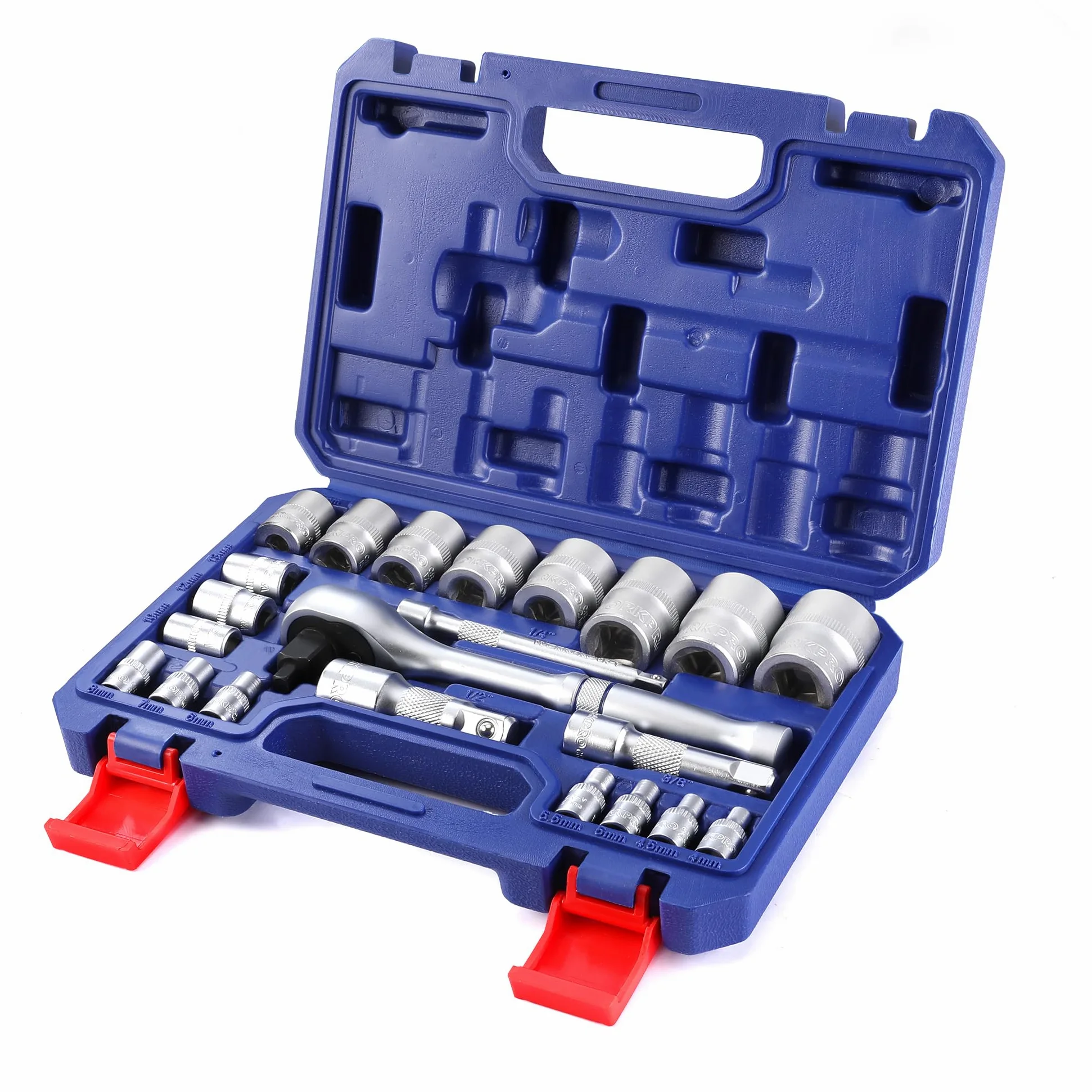 WORKPRO Caja Herramientas, Juego de Llaves de Vaso de 22 Piezas con Mango de Trinquete, Llave de Carraca de 1/4”, 3/8”, 1/2”, Llaves de Vaso Métricas de Acero C-V con Barras de Extensión, con Estuche