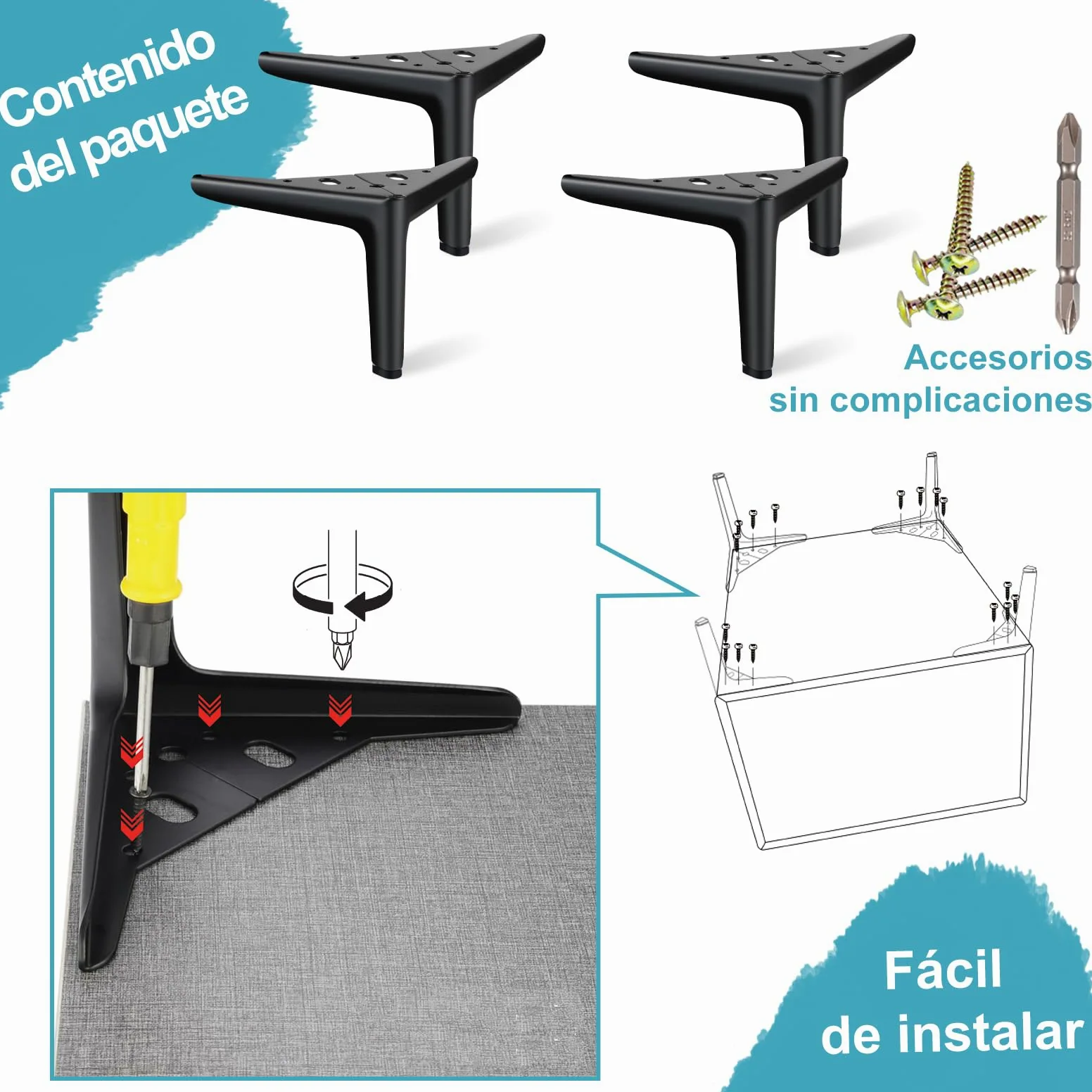 Patas de Mueble 18 cm, Patas de Metal para Muebles Juego de 4 | Patas Cortas Modernas Negras DIY, Soporte Resistente, Reemplazo para Armario, Cómoda, Aparador, Mesita de Noche, Sofá