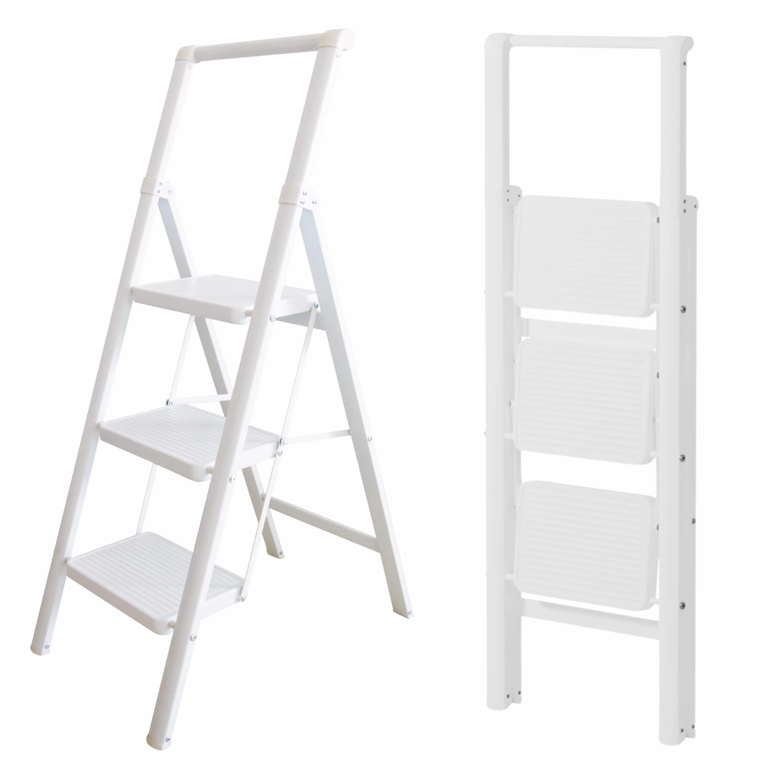 Escalera Plegable 3 peldaños Blanca, Liviana y Estable, peldaños Anchos Antideslizantes, EN 131 150 kg