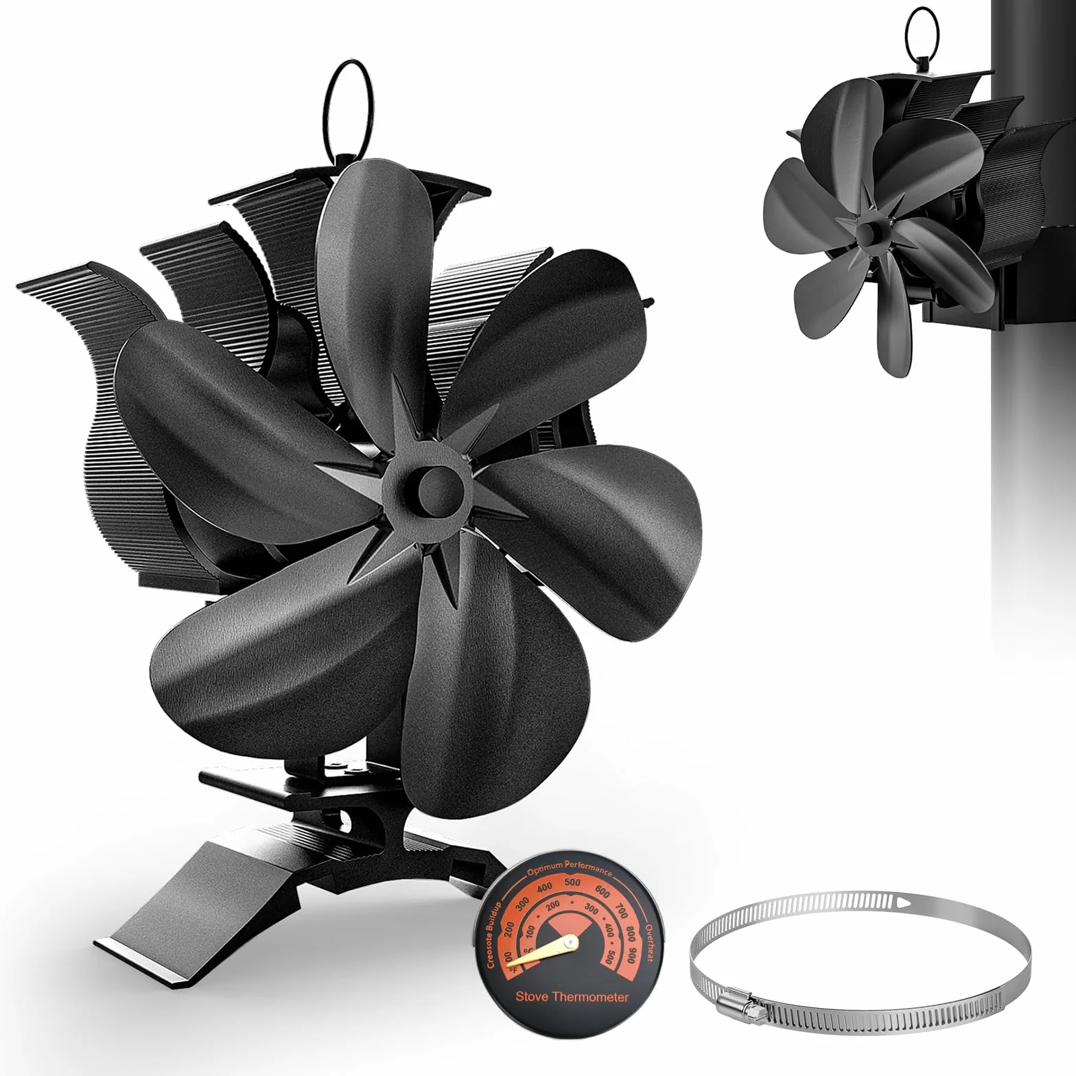 Ventilador para Estufa de Leña con Termómetro - 6 Aspas, 2 en 1, Alta Eficiencia, Alimentado por Calor (Sin Electricidad), Seguro y Silencioso para Chimenea/Hogar