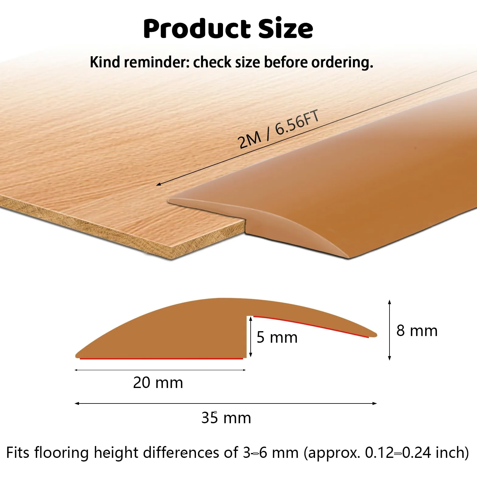 Tiras autoadhesivas de transición de suelo de 2 m, adhesivo fuerte, ideal para umbrales de alfombras, laminados y azulejos, puertas y bordes (5 mm, marrón claro)