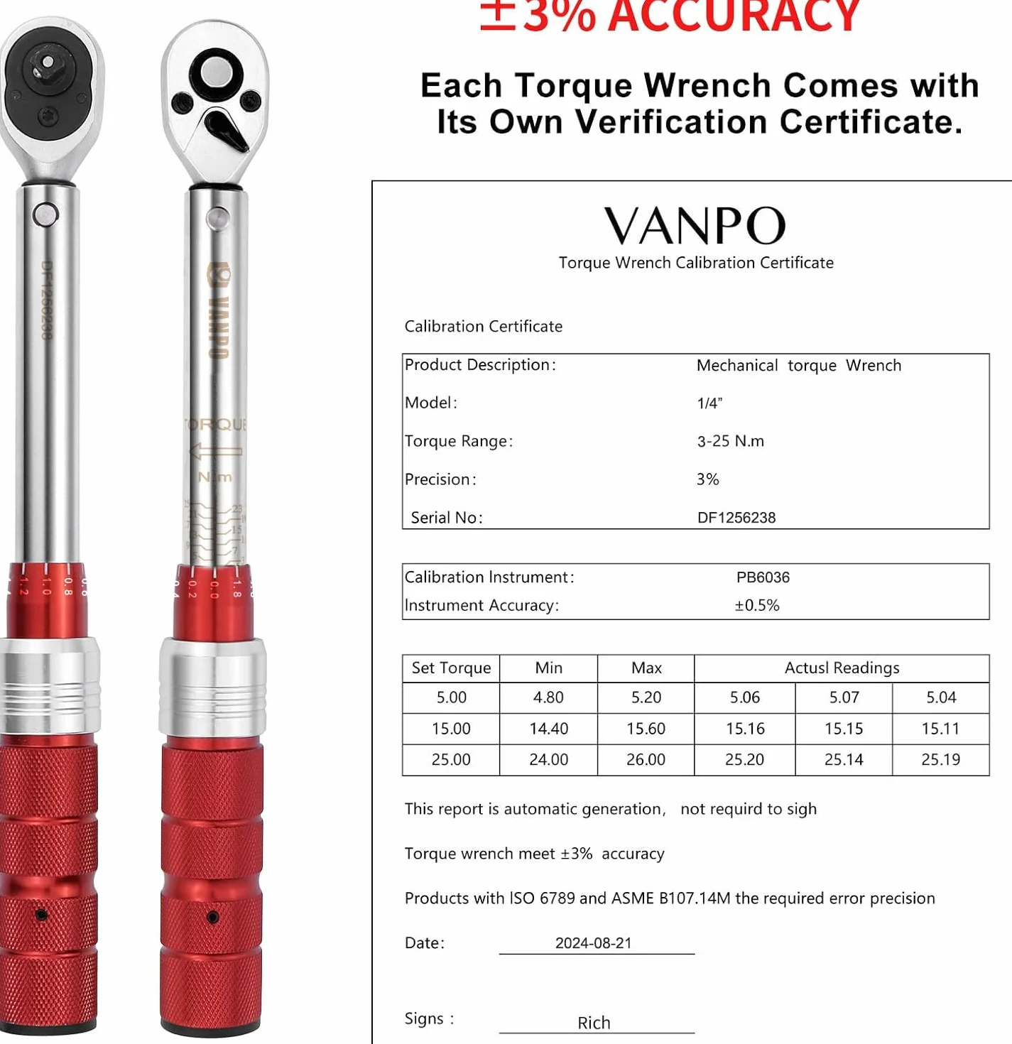 VANPO Llave Dinamométrica 1/4", Llave de Torque 3-25 Nm, Alta Precisión de ±3% con Cabezal Reversible de 72T, Barra de Extensión de 10cm, 3/8" Adaptador para Bicicleta de Carretera y Montaña, Moto
