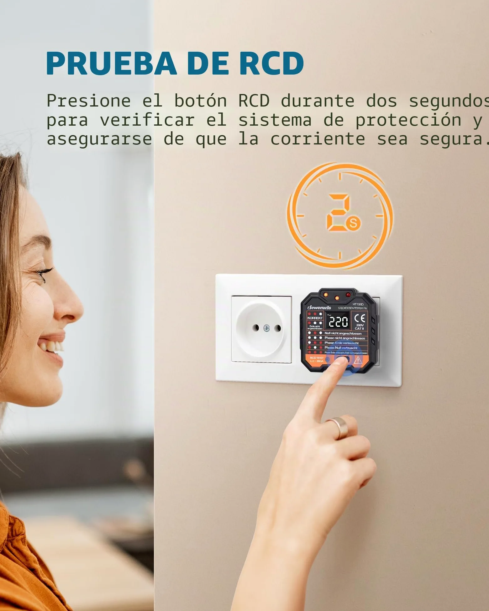 DEWENWILS Probador de Enchufes con Prueba RCD y Pantalla de Voltaje LCD, Pantalla de Luz Indicadora, Prueba FI, 48-250V/45-65Hz, CAT ll 300V