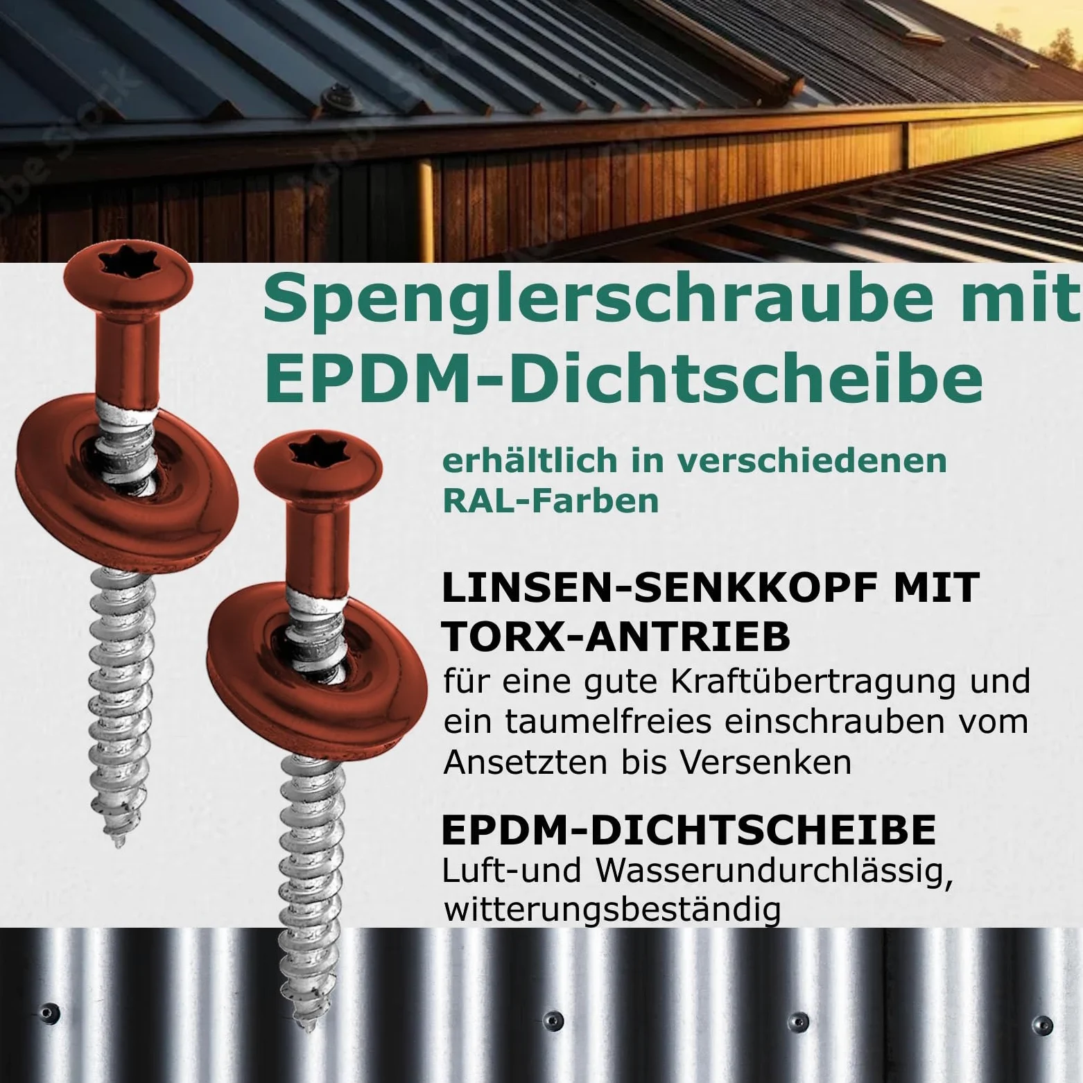 DSM Tornillos de fontanería rojo óxido 4,5 x 45 mm, acero inoxidable A2, lacado RAL 3009, con arandela de sellado EPDM (15 mm), accionamiento TX, similar a DIN 7995/DIN 9171, 100 unidades