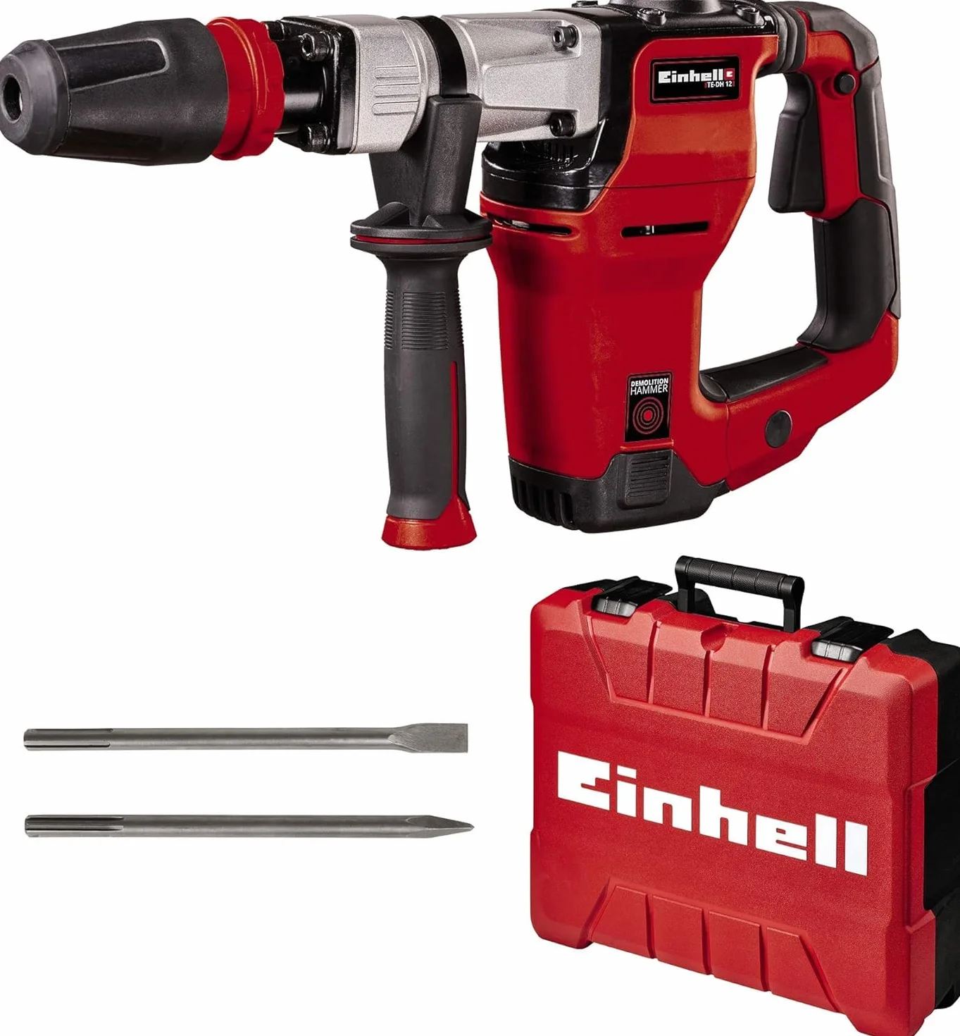 Einhell Martillo de demolición TE-DH 12 (1050 W, 12 J, toma SDSmax, empuñadura con amortiguación vibrac.,empuñadura adicional ajustable, 4m cable, incl. cincel puntiagudo y plano, incl. E-box)