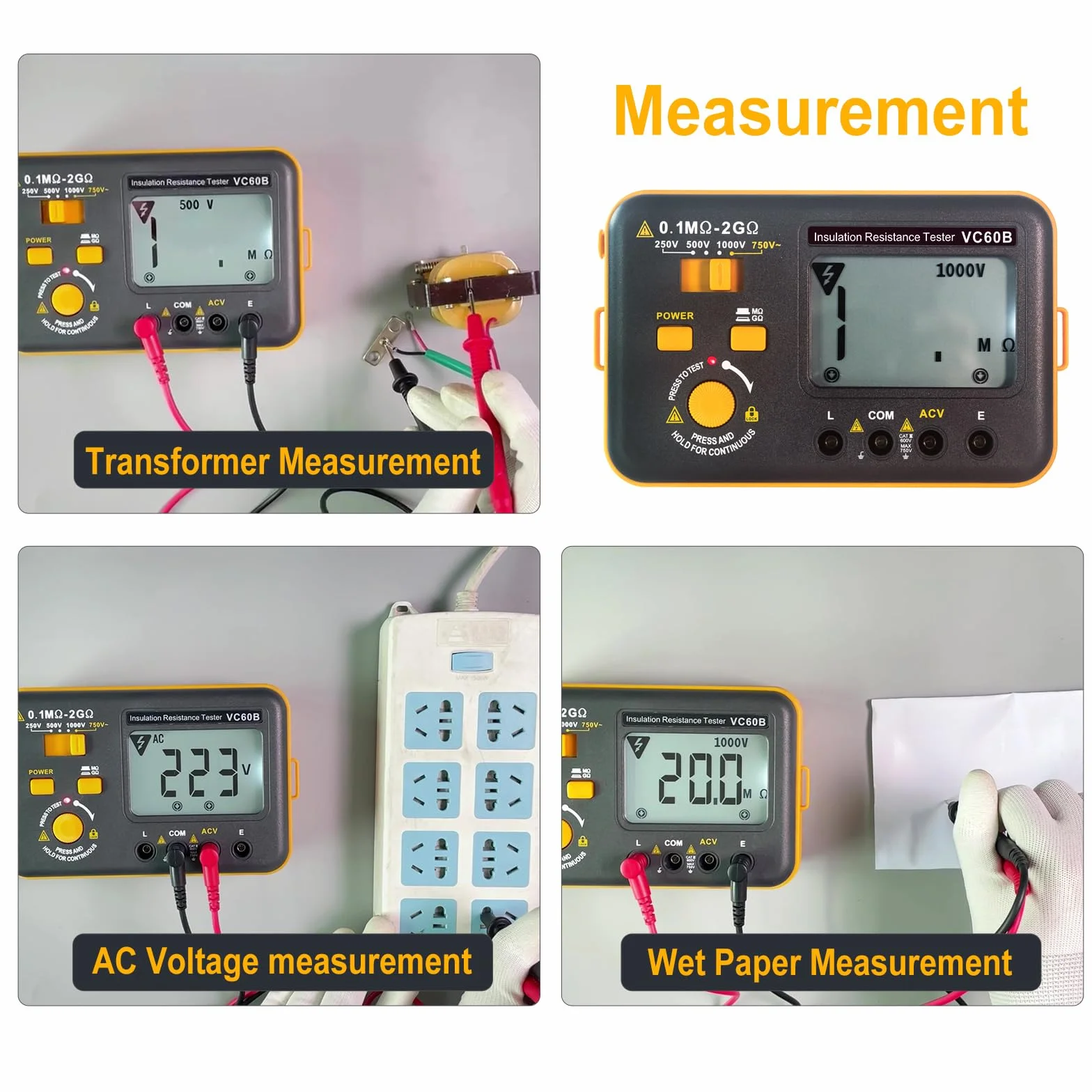 Megohmmeter Probador de Resistencia de Aislamiento 2GΩ Medición de Voltaje AC 750V Pantalla LCD