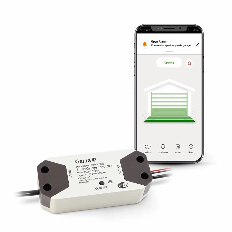 Garza Smart - Controlador de apertura de puerta de garaje inteligente, Wifi 2.4 Ghz, programable, control por app y por voz Alexa/Google, blanco
