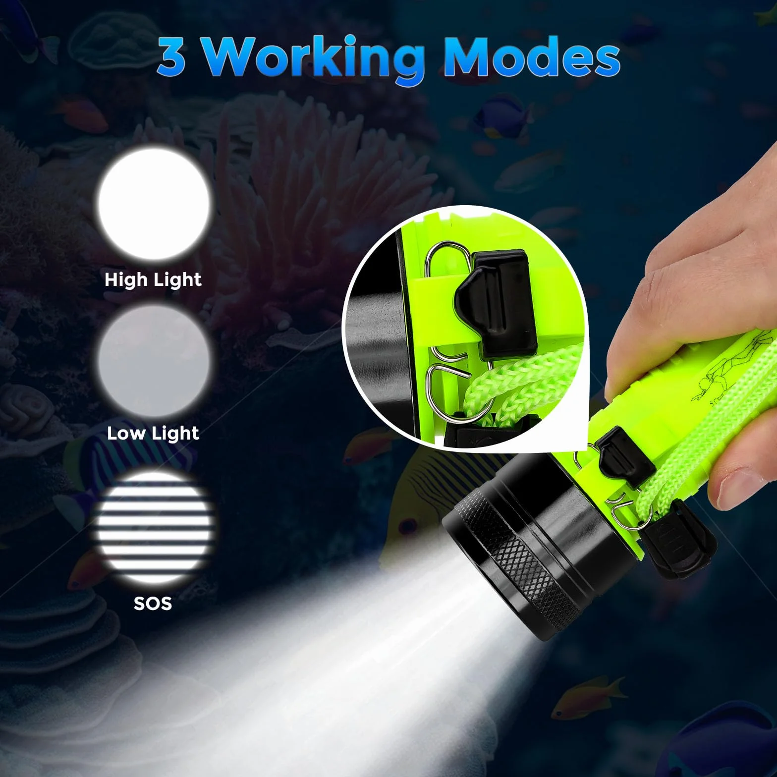 LED Linterna de Buceo, 1500 lúmenes luz LED de Buceo Recargable, IPX8 Impermeable, Sumergible hasta 80 Metros a Prueba de Agua, 3 Modos para Natación, Senderismo de Noche, Pesca, Acampada