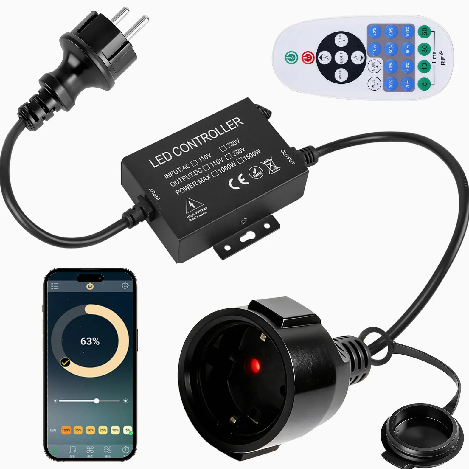 Cadena de luces LED de 1500 W, regulador de intensidad con mando a distancia, CA 220-240 V, interruptor de enchufe, regulador de intensidad para tiras de luz y lámparas regulables, Bluetooth+mando a