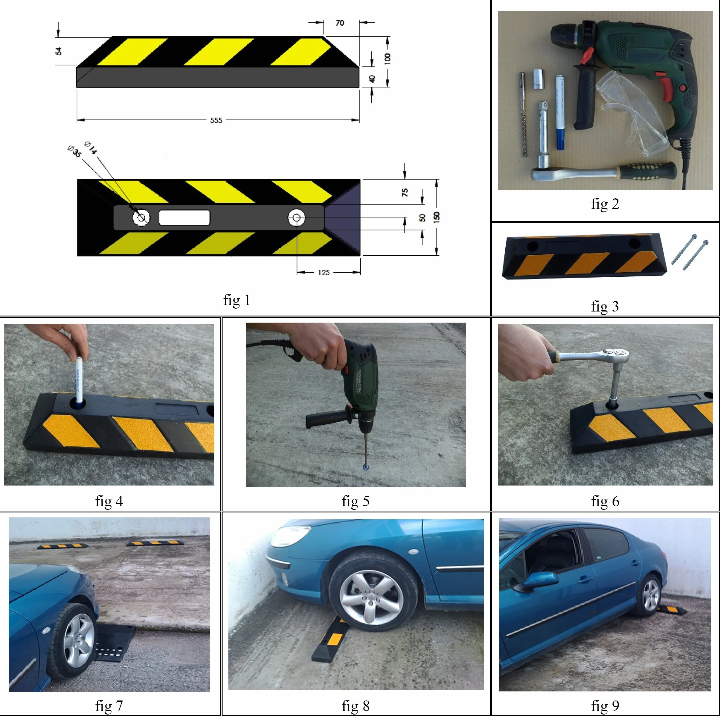 Tope Rueda de Goma Para Estacionar y Garajes, Negro Amarillo, 55x15x10 cm (Paquete de 1)