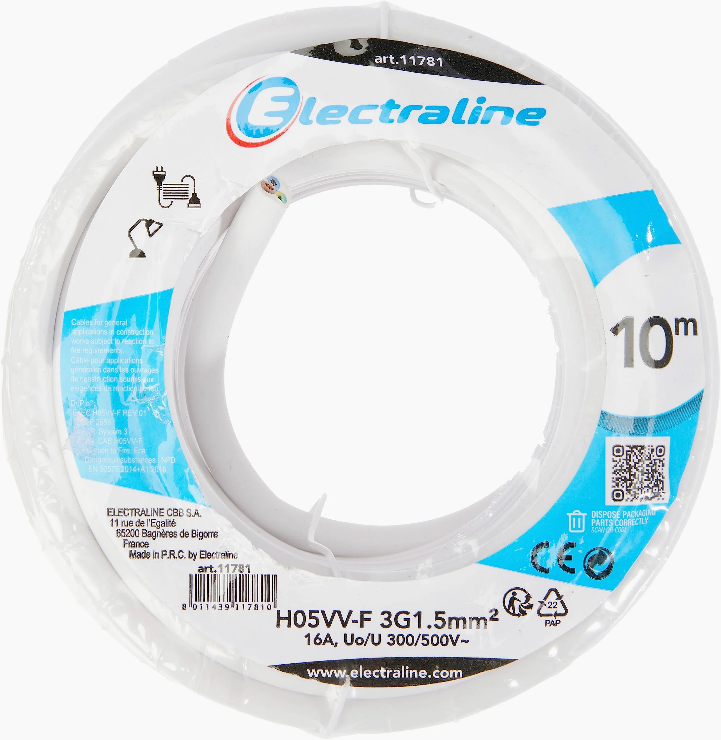 Electraline 11781, Cable para Extensiones H05VV-F, Sección 3G1.5 mm, 10 m, Blanco
