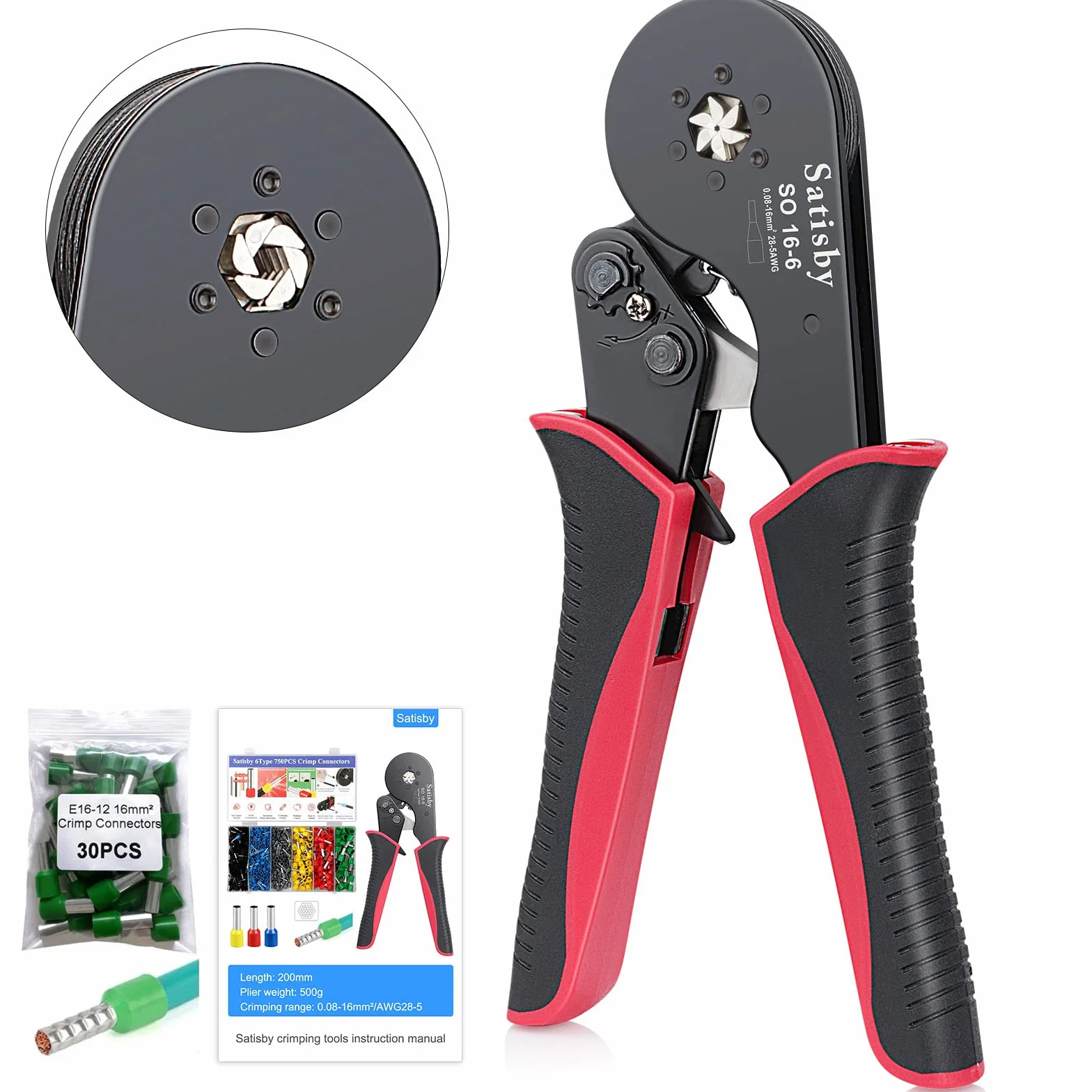 Crimpadora de Terminales Alicates 0.08-16mm²/AWG28-5 & 30PCS 16mm² Conectores/crimpadora punteras 16mm, Alicates de Terminales