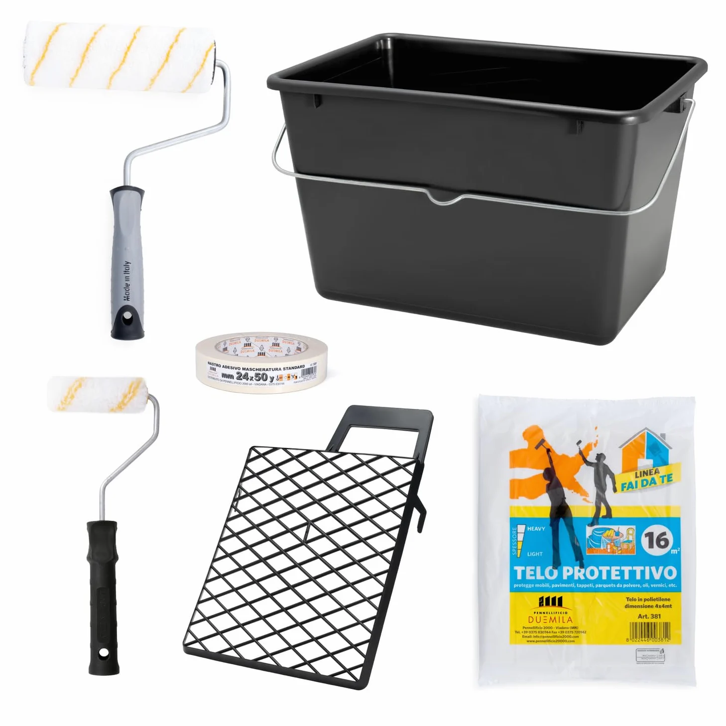 PENNELLIFICIO 2000 | Kit de 2 Rodillos con Bandeja y Retina para escurrir la Pintura, Cinta para enmascarar y Lona Protectora, Juego de Pintura, Pintura al Agua, Paredes Lisas, Cubo de 14 L - Made in