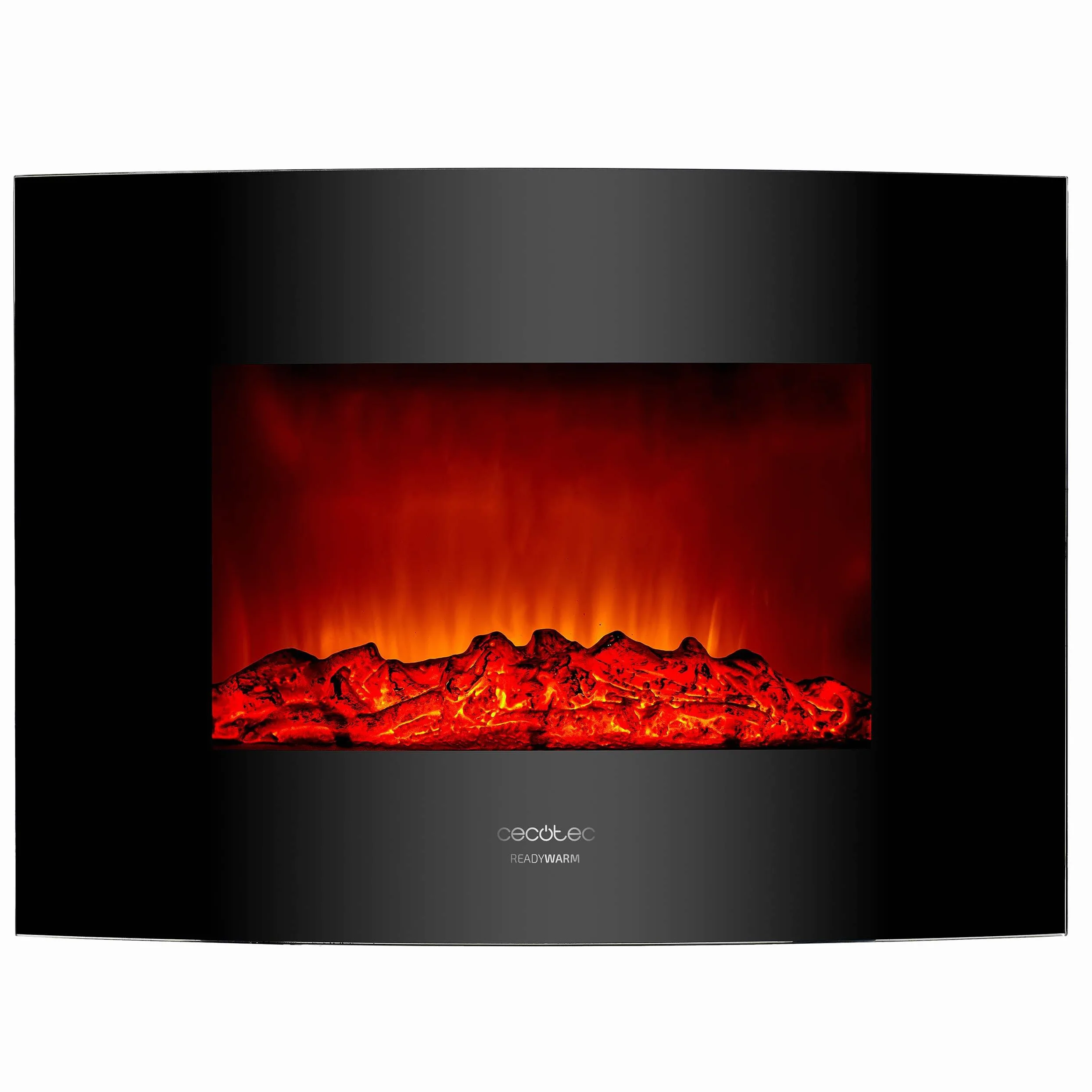 Cecotec Chimenea Eléctrica Decorativa 22” con Mando a Distancia Ready Warm 2210 Curved Flames. Máxima Potencia 2000W, 2 Intensidades, Panel Curvo de Cristal Templado, Llama Ajustable, Temporizador