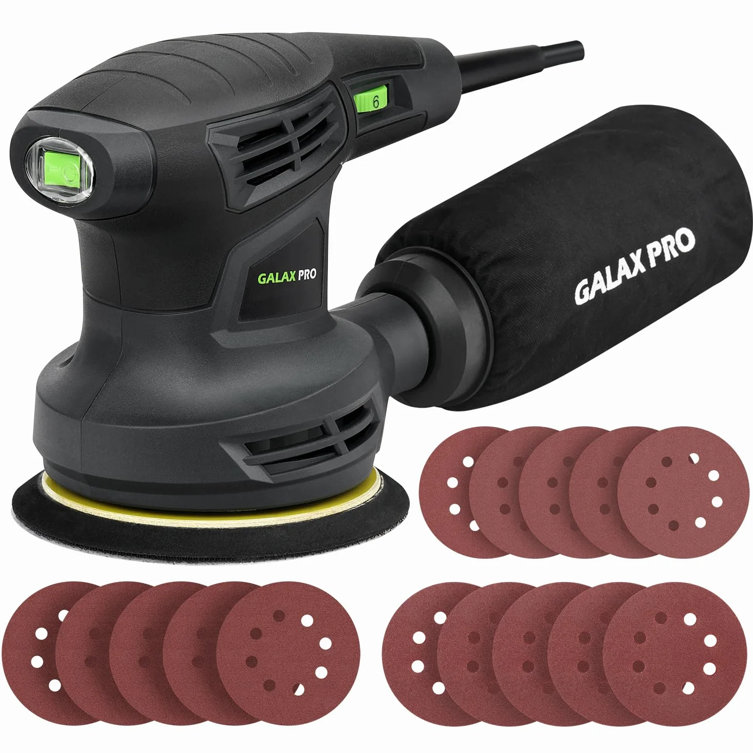 GALAX PRO Lijadora Orbital, 280W 6000-13000 RPM 6 Velocidades Variables Lijadora Rotorbital, 15 Hojas de 125 mm Discos Abrasivos, Polvo Sistema de Recogida, ideal para bricolaje