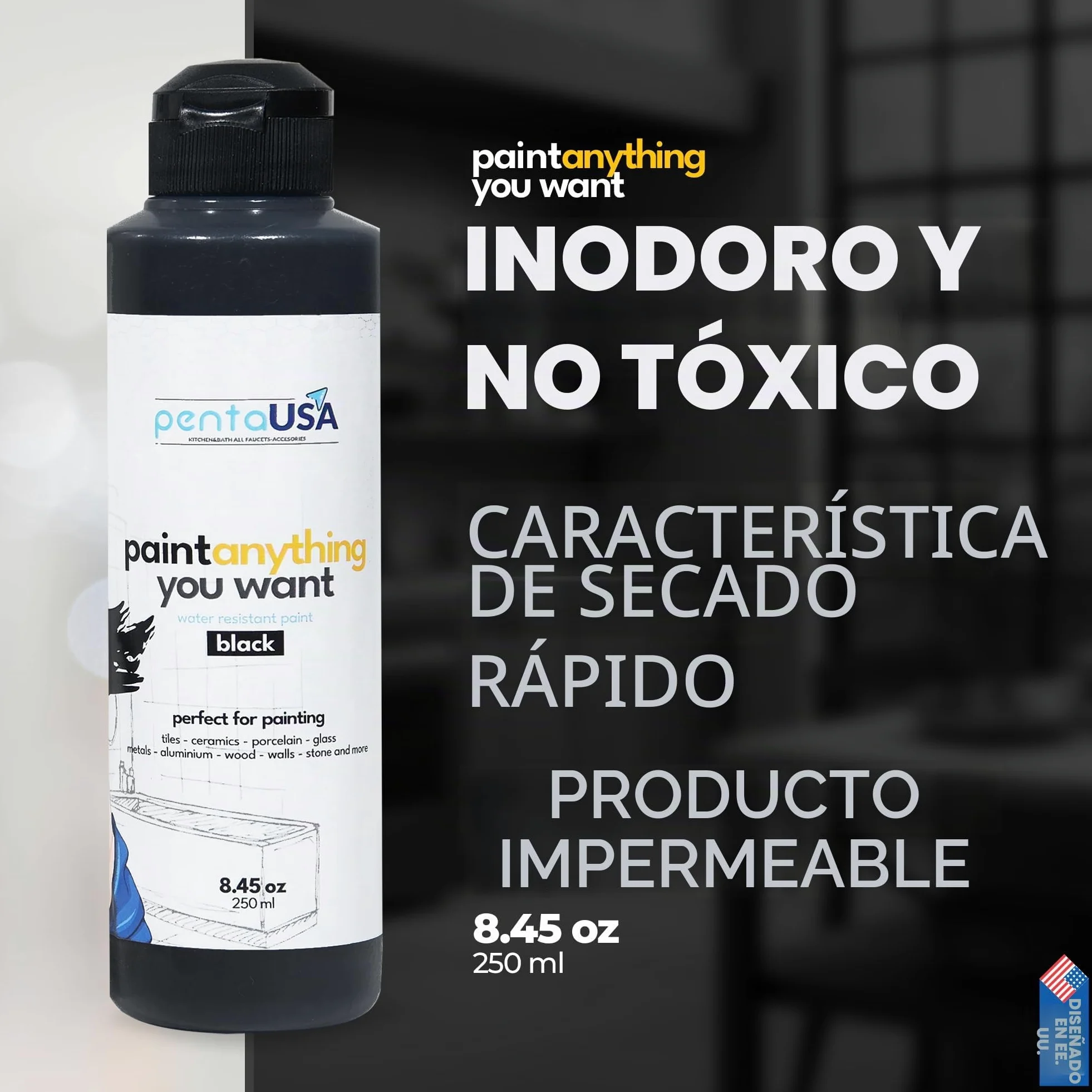 Pintura Multisuperficie - Pintura Impermeable Multiusos para Baño, Bañera, Azulejos, Lavabo, Muebles de Cocina, Encimeras, Madera, Mobiliario - Mate, 250ml (Negro)