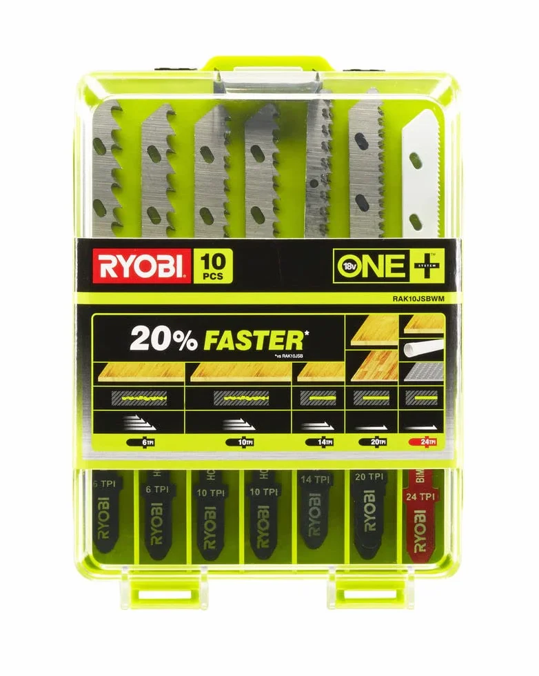 RYOBI Juego de 10 Hojas de Corte ONE+ Sierra de Calar Sin Cable para Madera, Metal y Plástico RAK10JSBWM